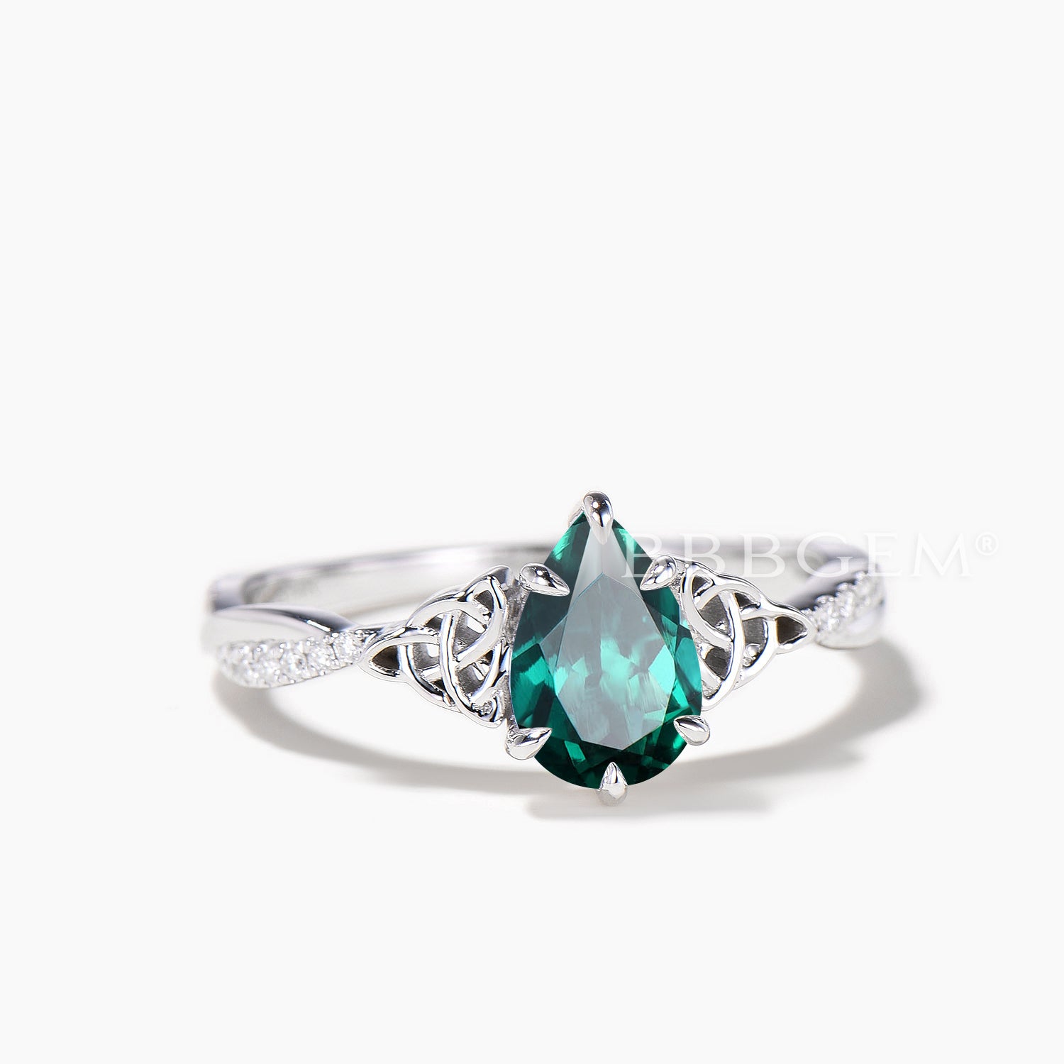 Emerald Celtic Knot Engagement Ring with Teardrop Cut & Diamond Accents - Elegant Twisted Wedding Band for Women, Perfect for Proposals, Anniversaries, and Special Occasions