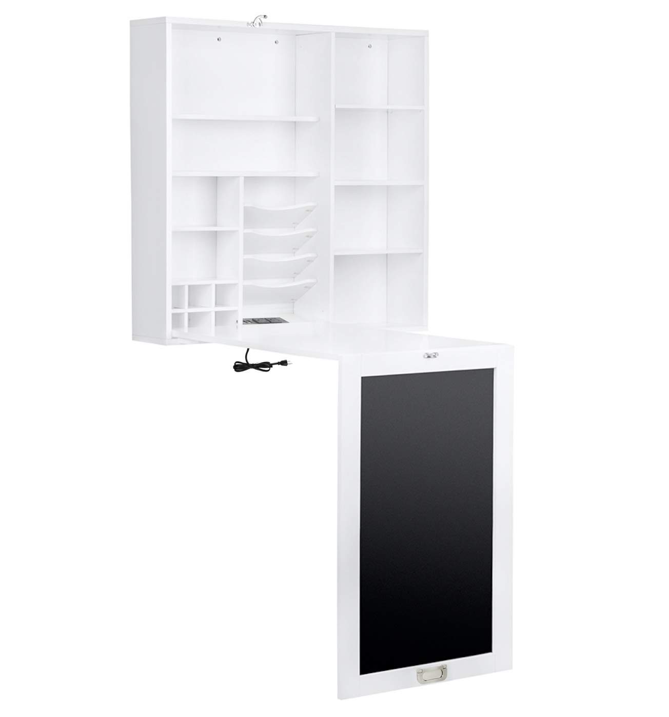 Utopia Alley Foldable Wall Mount Desk with Storage Cabinet & Shelves - Space Saving Home Office Furniture with Chalkboard Surface - Compact Computer Writing Desk for Small Spaces (White) - Perfect for Apartments, Dorms & Home Offices