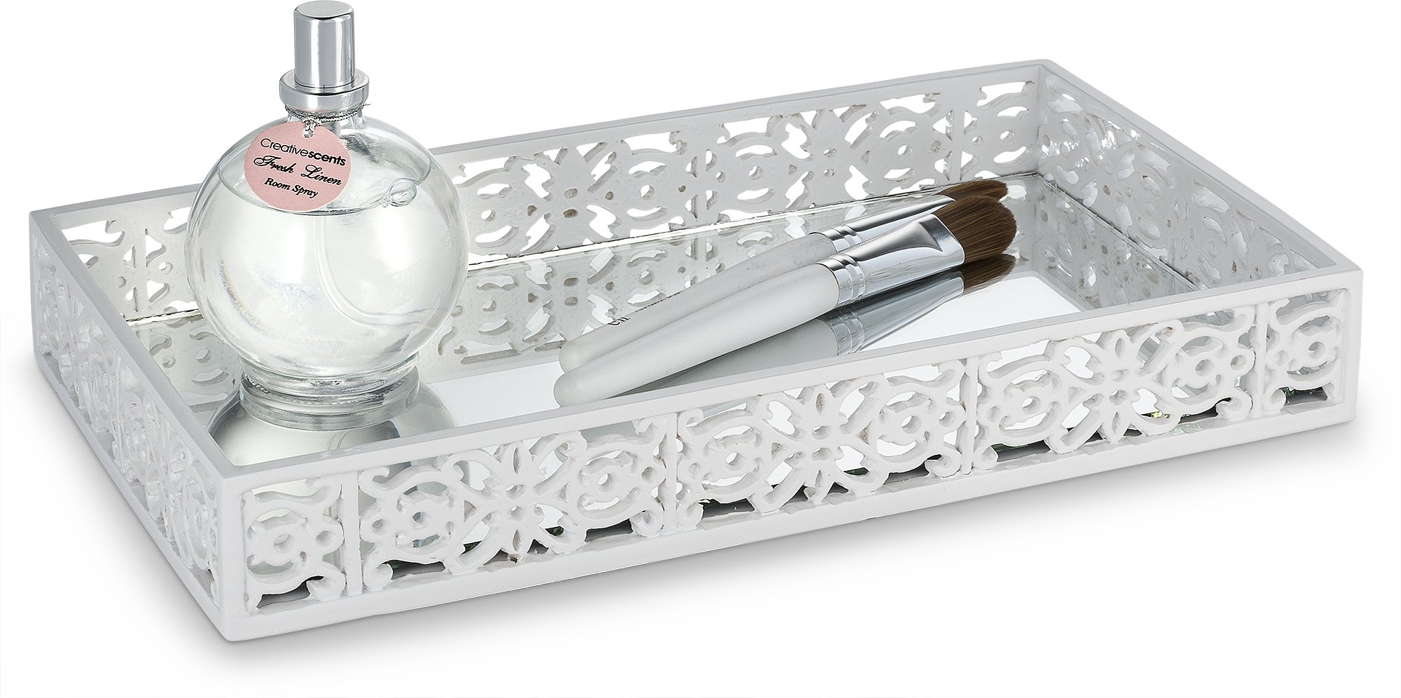 Creative Scents Mirror Janette White Rectangular Vanity Tray - Decorative Bathroom & Dresser Organizer with Mirrored Design & Non-Slip Feet - Perfect for Jewelry, Perfume & Makeup Storage