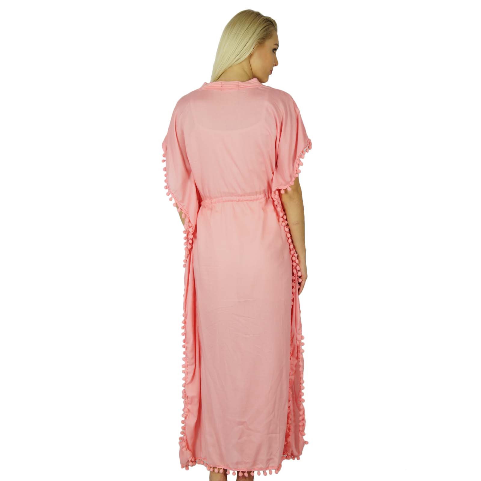 Bimba Women's Long Printed Kaftan Dress - Soft Modal Cotton Beach Cover Up - Flowy Maxi Dress for Summer - Light Pink | Perfect for Beach Vacations, Poolside Lounging & Boho Fashion