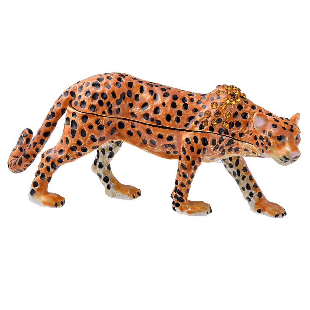 Golden Crystal Enameled Leopard Jewelry Box - Hand-Painted Hinged Jaguar Trinket Box for Women, Elegant Home Décor & Unique Gift for Animal Lovers - Perfect for Jewelry Storage, Vanity Organizer & Gift Giving