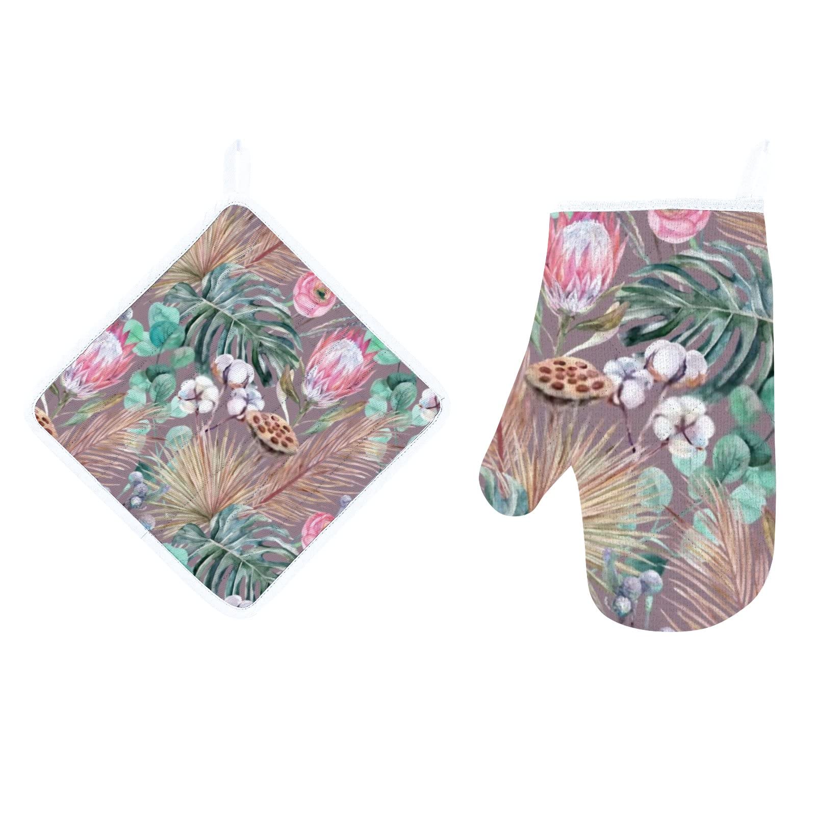 Boho Style Heat Resistant Oven Mitts & Pot Holders Set - 2 Pcs Tropical Floral Print Kitchen Gloves with Non-Slip Surface & Soft Cotton Lining for Cooking, Baking, Grilling, BBQ - Perfect for Home Chefs & Outdoor Entertaining