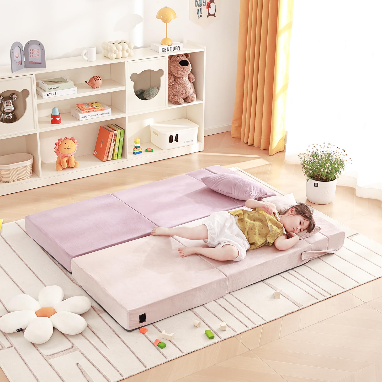 Foldable Kids Floor Mattress with Pillow - Washable Toddler Nap Mat, Convertible Sofa Bed Chair for Boys & Girls - Portable & Space-Saving with Storage Bag - Perfect for Daycare, Sleepovers, Travel and Home Use