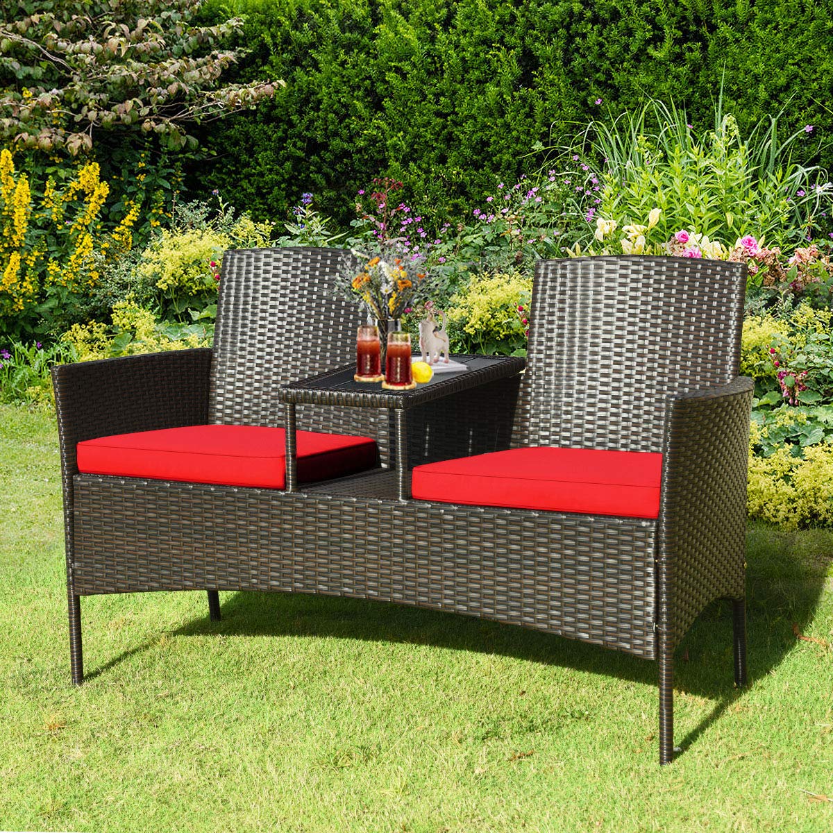 Outdoor Rattan Wicker Loveseat Patio Set with Removable Cushions & Coffee Table - Garden Lawn Backyard Conversation Furniture for Relaxing & Entertaining
