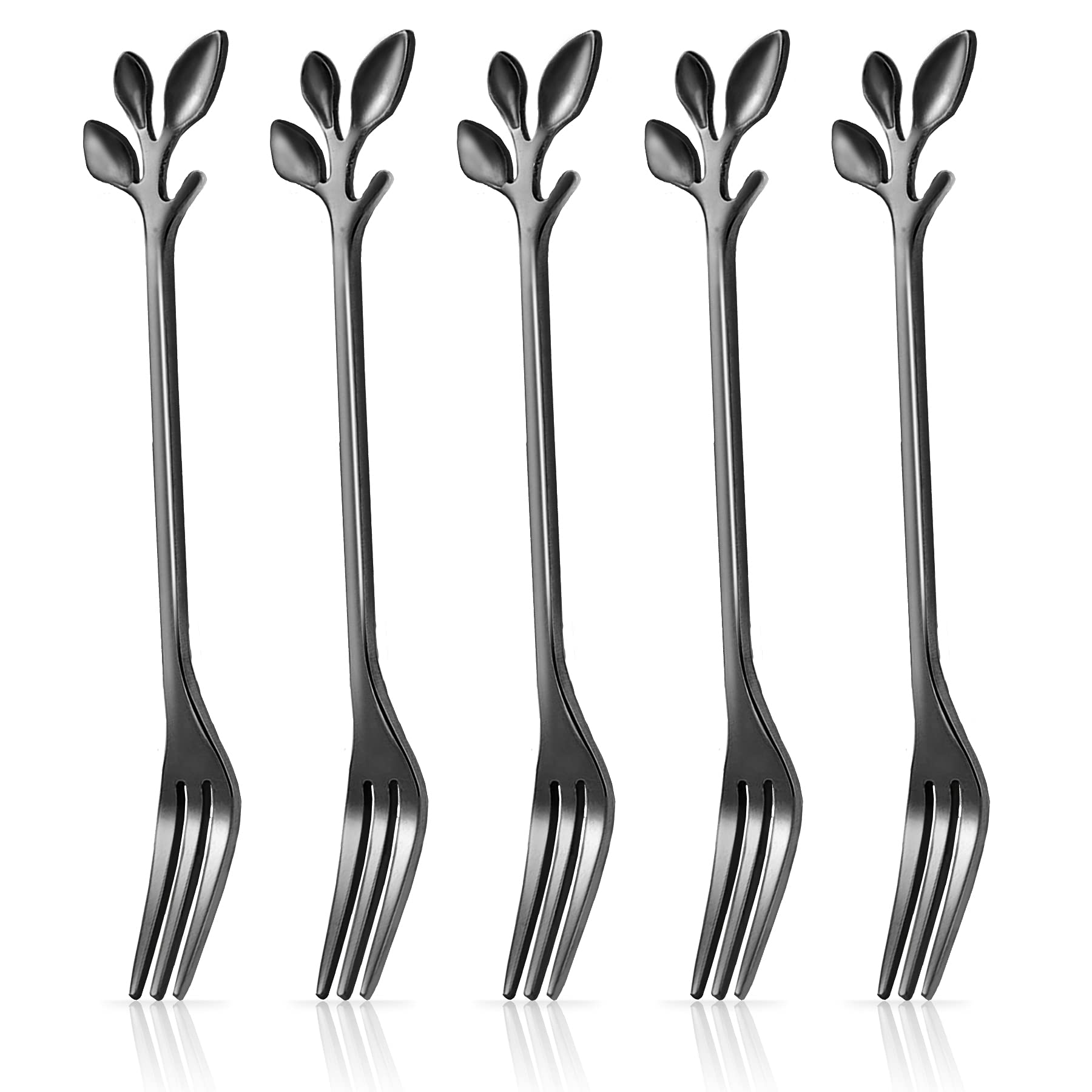 iFeico 5-Piece Black Stainless Steel Dessert Forks Set - 4.7 Inch Elegant Leaf Design Appetizer Forks for Cake, Fruit, Cocktails - Perfect for Wedding, Party, Kitchen & Tableware Decor