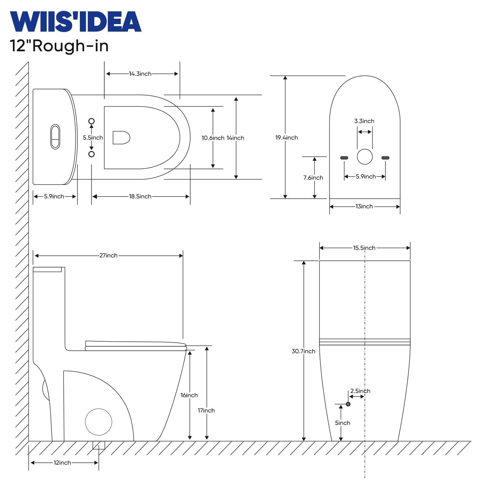 BOSTANA One Piece Dual Flush Toilet - 1.1/1.6 GPF, 15.5