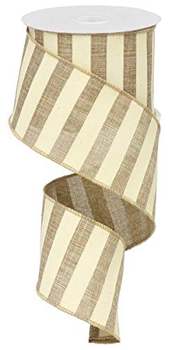 Horizontal Stripe Wired Ribbon 10 Yards - Beige & Ivory 2.5