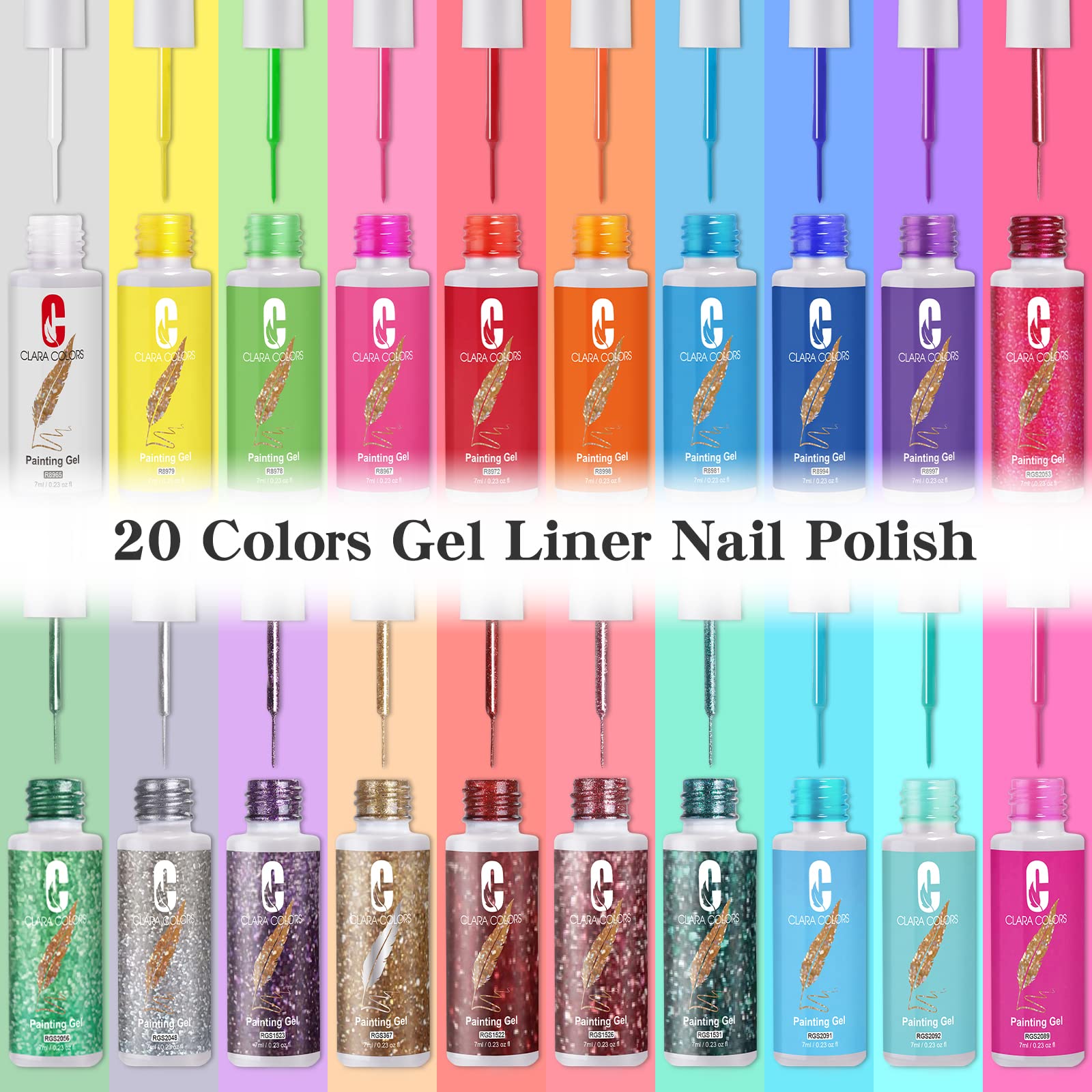 Clara Colors 20-Piece Gel Nail Polish Set with Built-in Brush - UV LED Soak Off Nail Art Kit for French Tips & Swirl Designs | Perfect for Salon, Home Manicures & DIY Nail Art