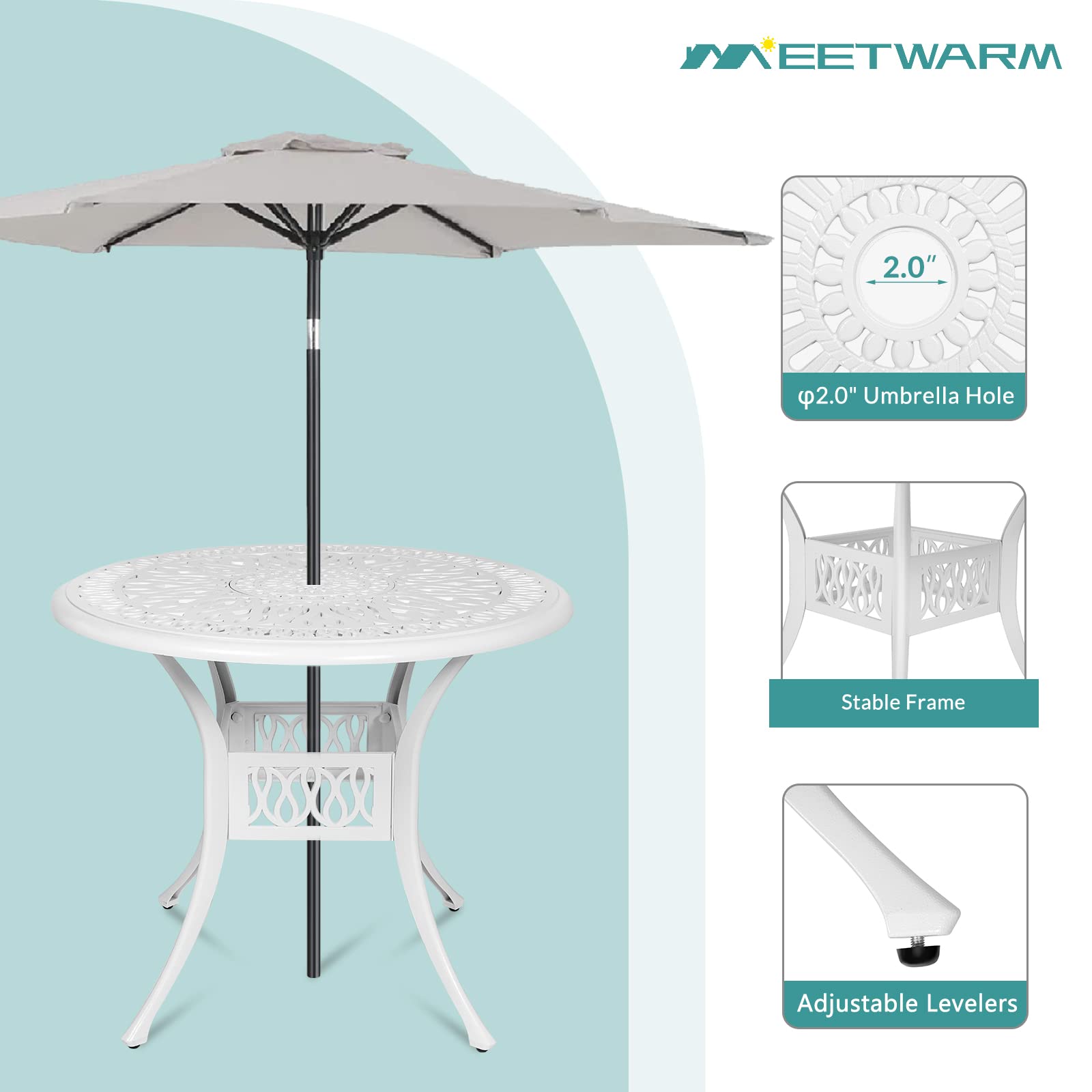 MEETWARM 35.4 Inch Round Outdoor Dining Table - Weather-Resistant Cast Aluminum Patio Table with 2 Inch Umbrella Hole in White - Perfect for Backyard, Garden, Poolside & Outdoor Entertaining