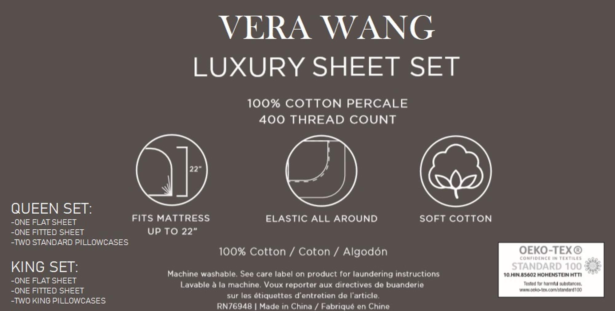 Vera Wang Cotton Percale King Sheets - Crisp Cool Bedding Set for Luxury Bedrooms