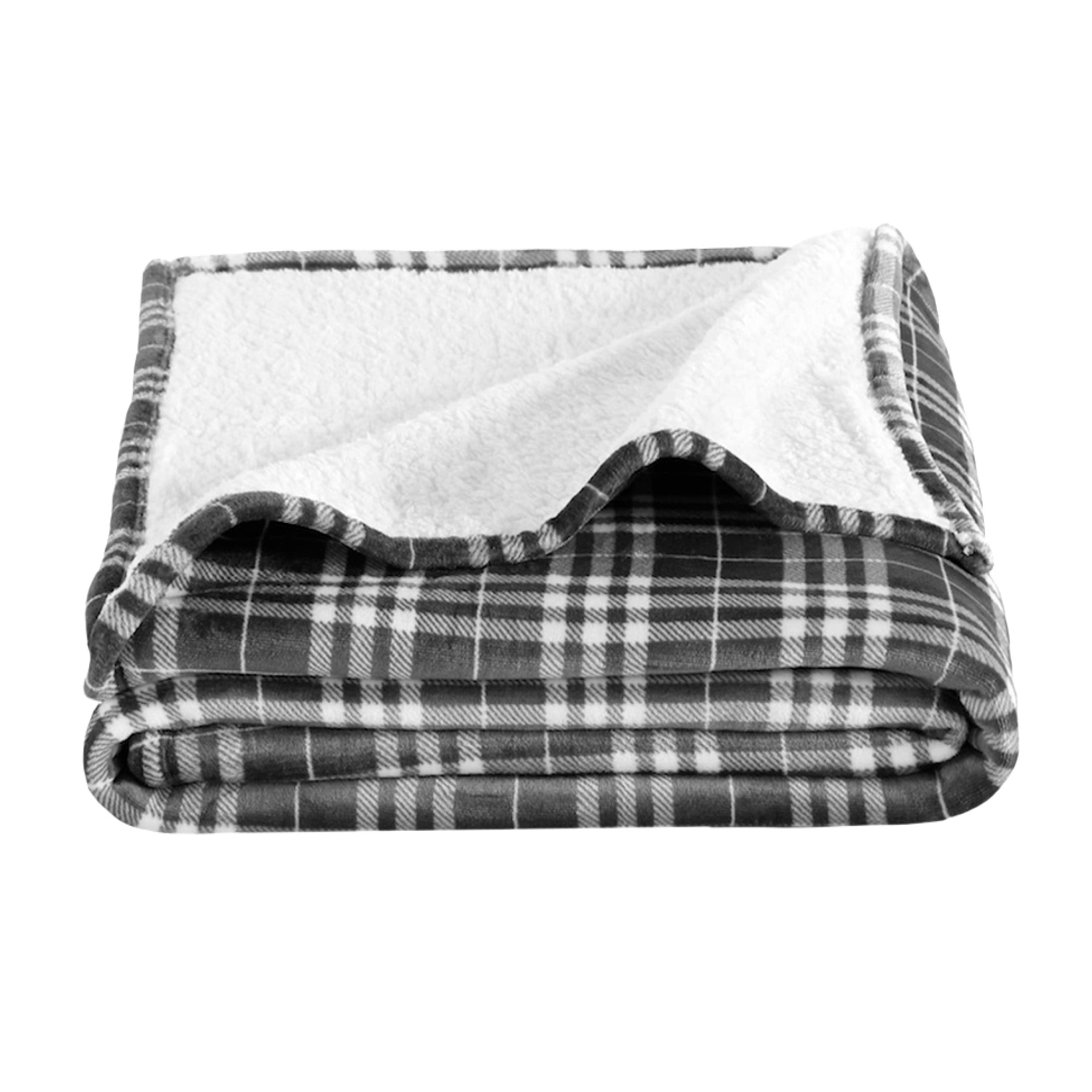 Bare Home Sherpa Fleece Blanket - Ultra Soft Reversible Throw Blanket for Bed, Sofa, Camping & Travel - Warm Lightweight Fluffy Blanket - Grey/White Stirling Plaid - Perfect for Cozy Nights, Movie Time & Outdoor Adventures
