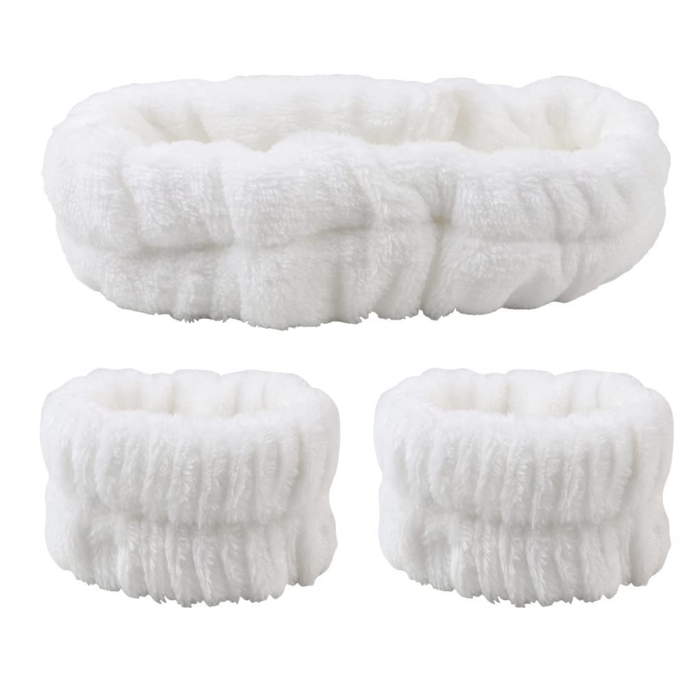 Surakey Fleece Headband Set - Soft Coral Elastic Hair Bands & Wristbands for Women, Plush Spa Headbands for Shower, Yoga, Makeup, Skincare & Exercise - Perfect for Gym, Beauty Routine & Relaxation