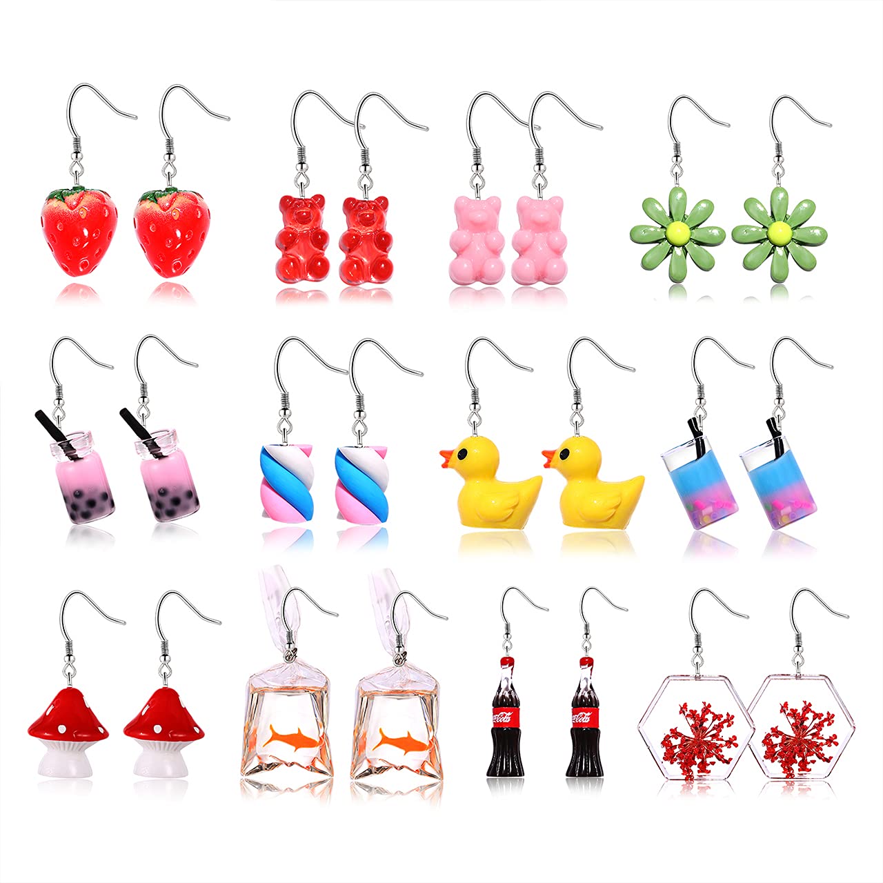 12/18 Pairs Cute Funny Dangle Earrings - Unique Mushroom, Goldfish, Water Bottle & Milk Tea Designs - Bulk Whimsical Earrings for Women & Teens - Perfect for Parties, Gifts & Everyday Fashion Accessories