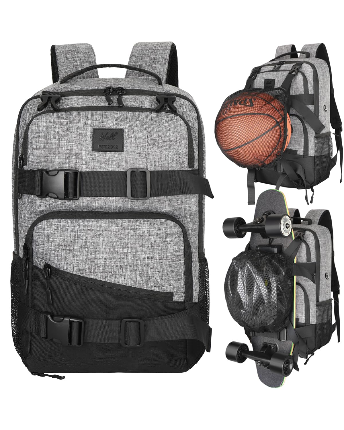 WOLT Skateboard Backpack - 15.6 Inch Laptop Backpack for Men & Women, Waterproof Sports Backpack with Ball Holder - Perfect for Skateboarding, School, Travel & Outdoor Activities