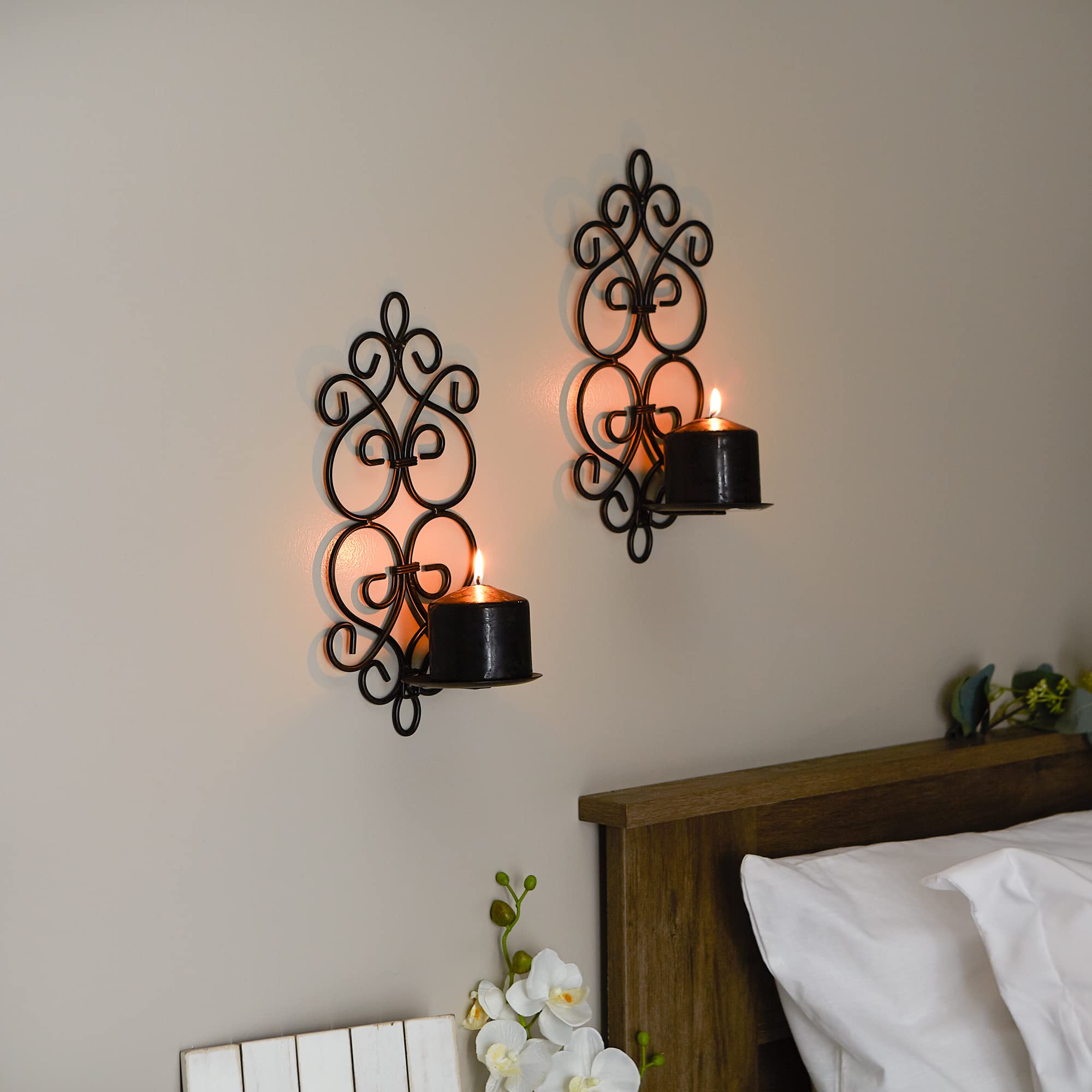 Elegant Scrollwork Wall Sconce Candle Holder Set of 2 - 6.3 x 5.0 x 13.1 Inches - Christmas & Halloween Home Decor for Indoor Accent Lighting - Perfect for Mantel, Dining Room, and Entryway Decorations