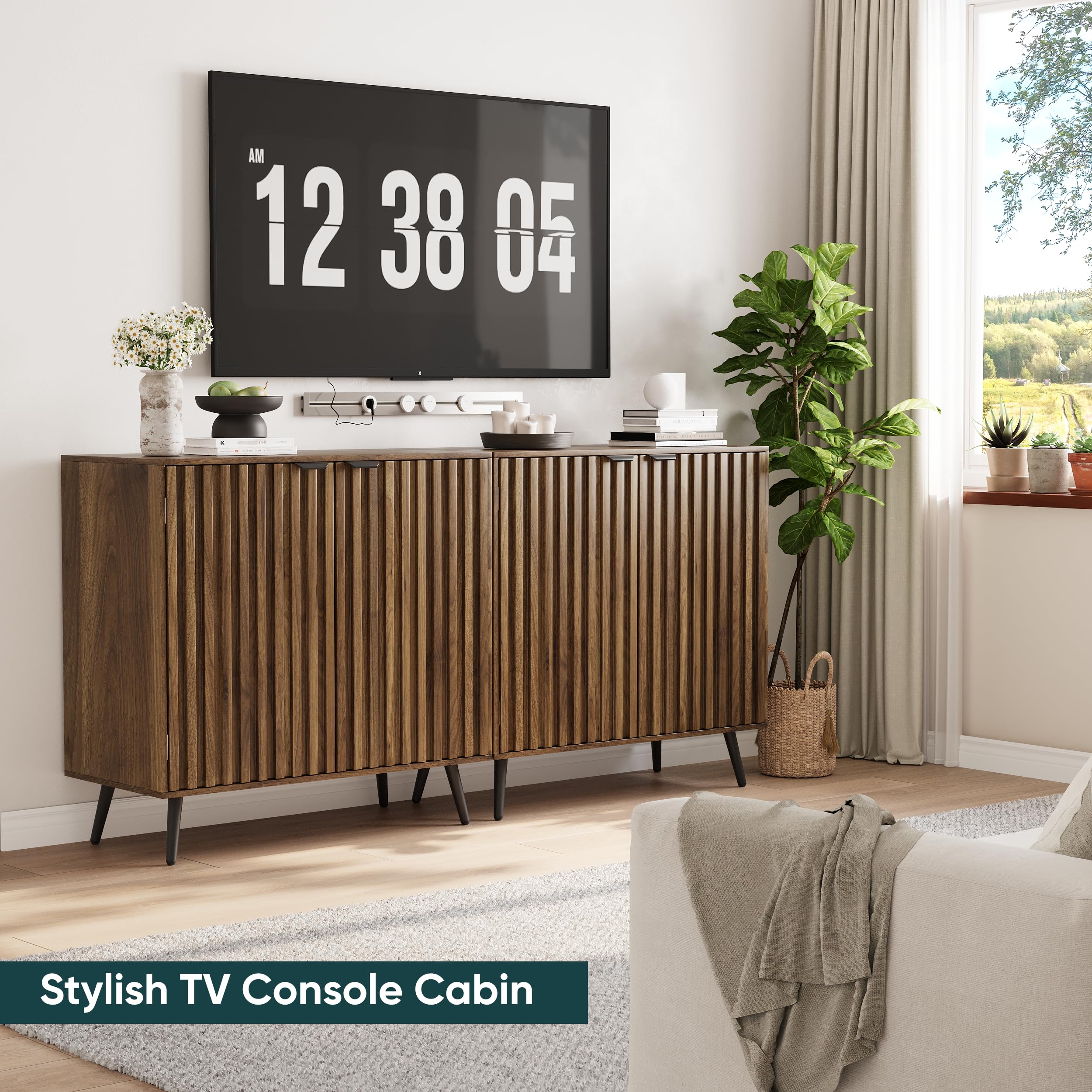 Semiocthome Walnut Buffet Cabinet with Storage - Fluted Door Sideboard with Metal Legs & Adjustable Shelf - Modern Accent Table for Living Room, Dining Room, Kitchen & Entryway - Perfect for Home Organization & Stylish Storage Solutions