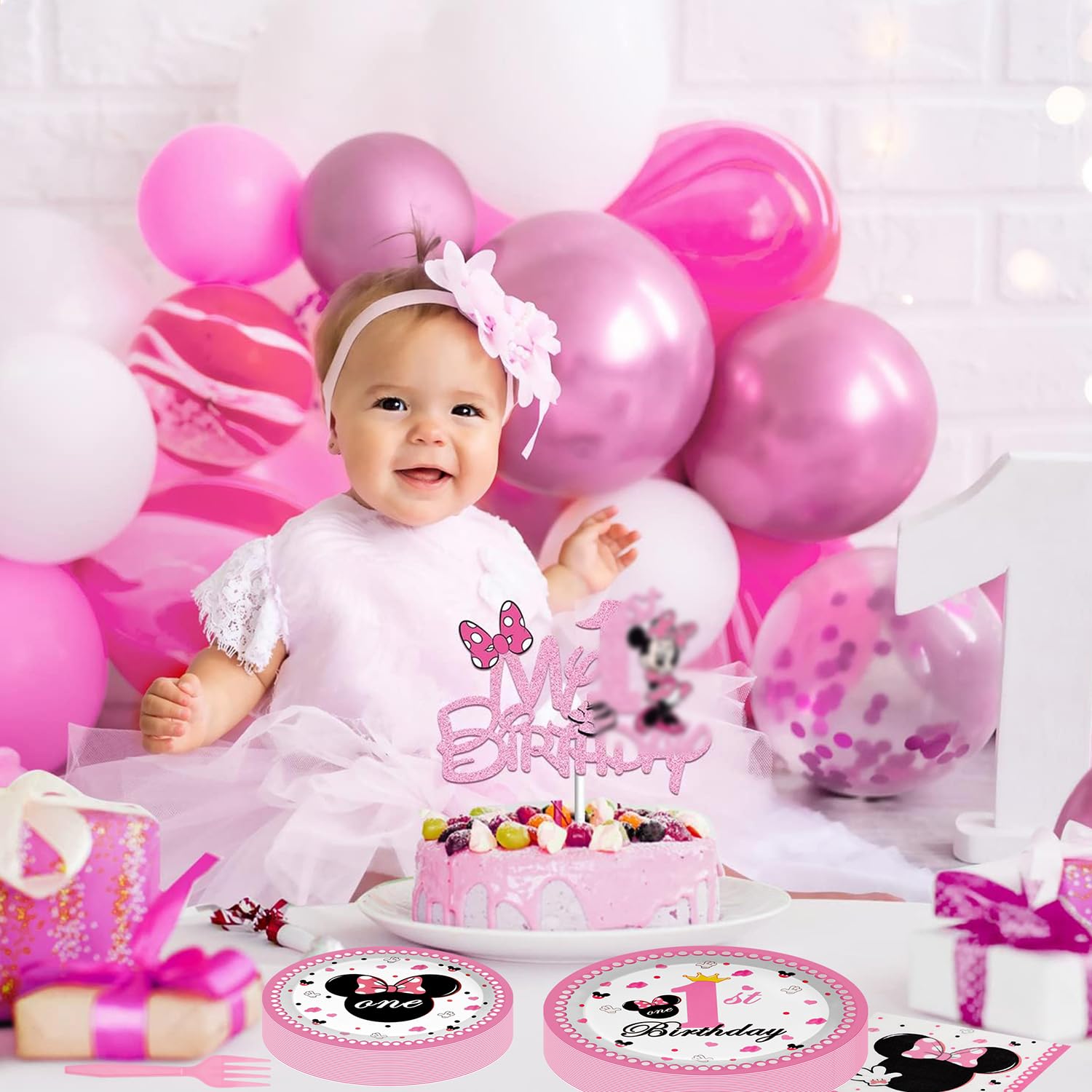 96pcs Pink Minnie Mouse Party Supplies - First Birthday Decorations Set with Plates, Napkins & Forks for Girls | Perfect for Minnie Mouse Themed 1st Birthday Parties, Baby Showers & Disney Celebrations