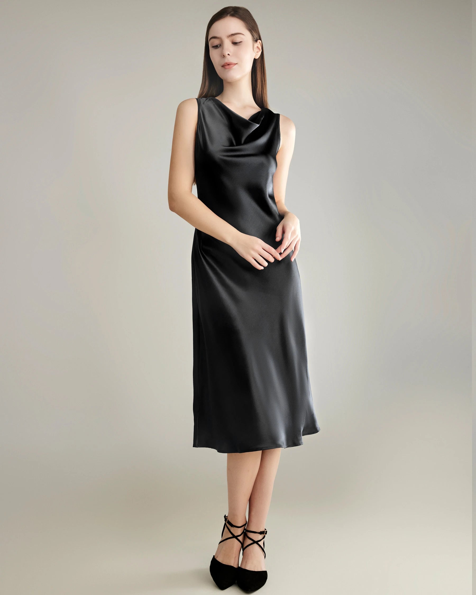 Elegant Silk Dresses with Asymmetrical Cowl Neck - Women's Flowy Summer Dress for Party, Wedding & Special Occasions