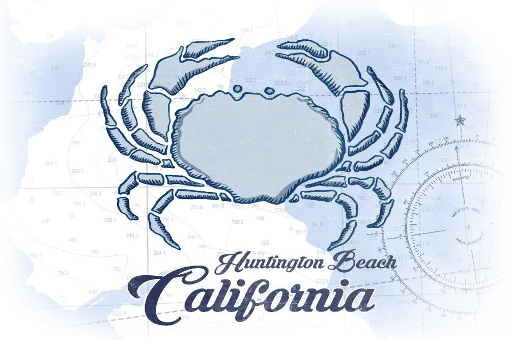 Blue Crab Coastal Icon - Huntington Beach California Travel Poster (24x36 Giclee Gallery Print, Wall Art Decor) | Perfect for Beach House, Coastal Living Room & Nautical Theme Office Decor