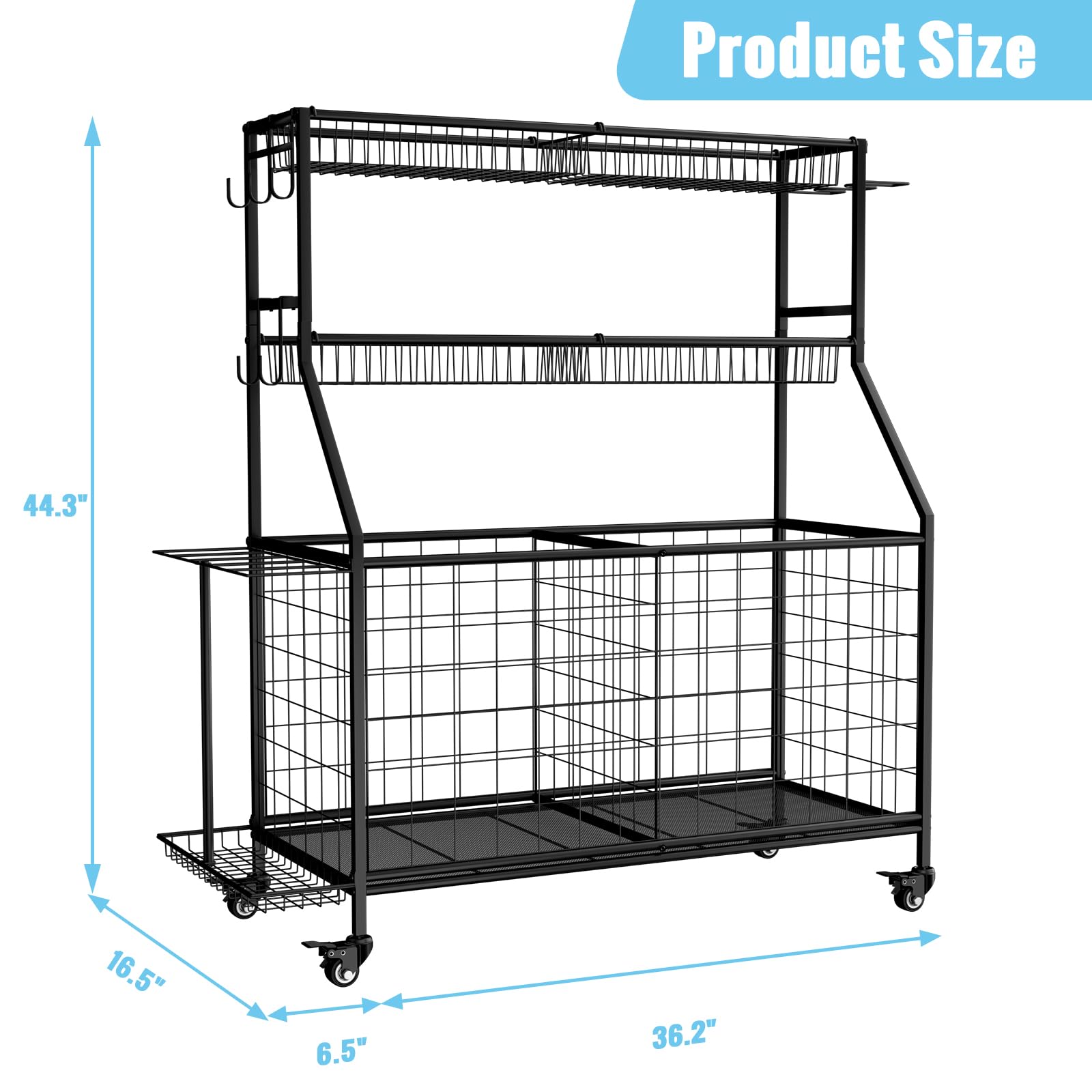 WUC Sports Equipment Organizer - Heavy Duty Garage Ball Storage Rack with Basket, Hooks & Rolling Wheels for Basketball, Soccer, Baseball Gear - Perfect for Home, Gym & Playroom Organization (Black)