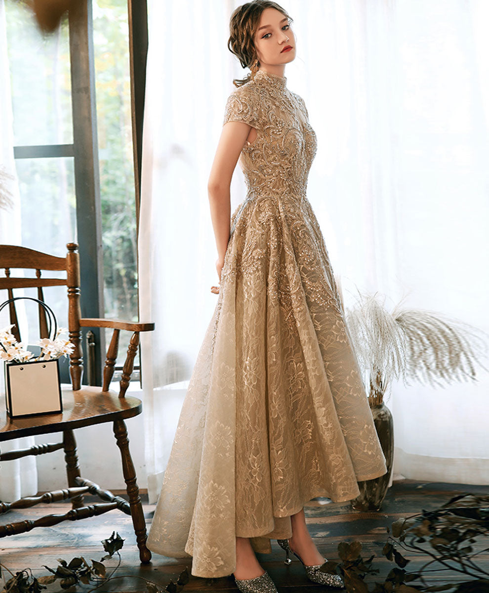 Elegant Champagne High Neck Lace Prom Dress for Women - Formal Evening Gown for Homecoming, Wedding, and Special Occasions