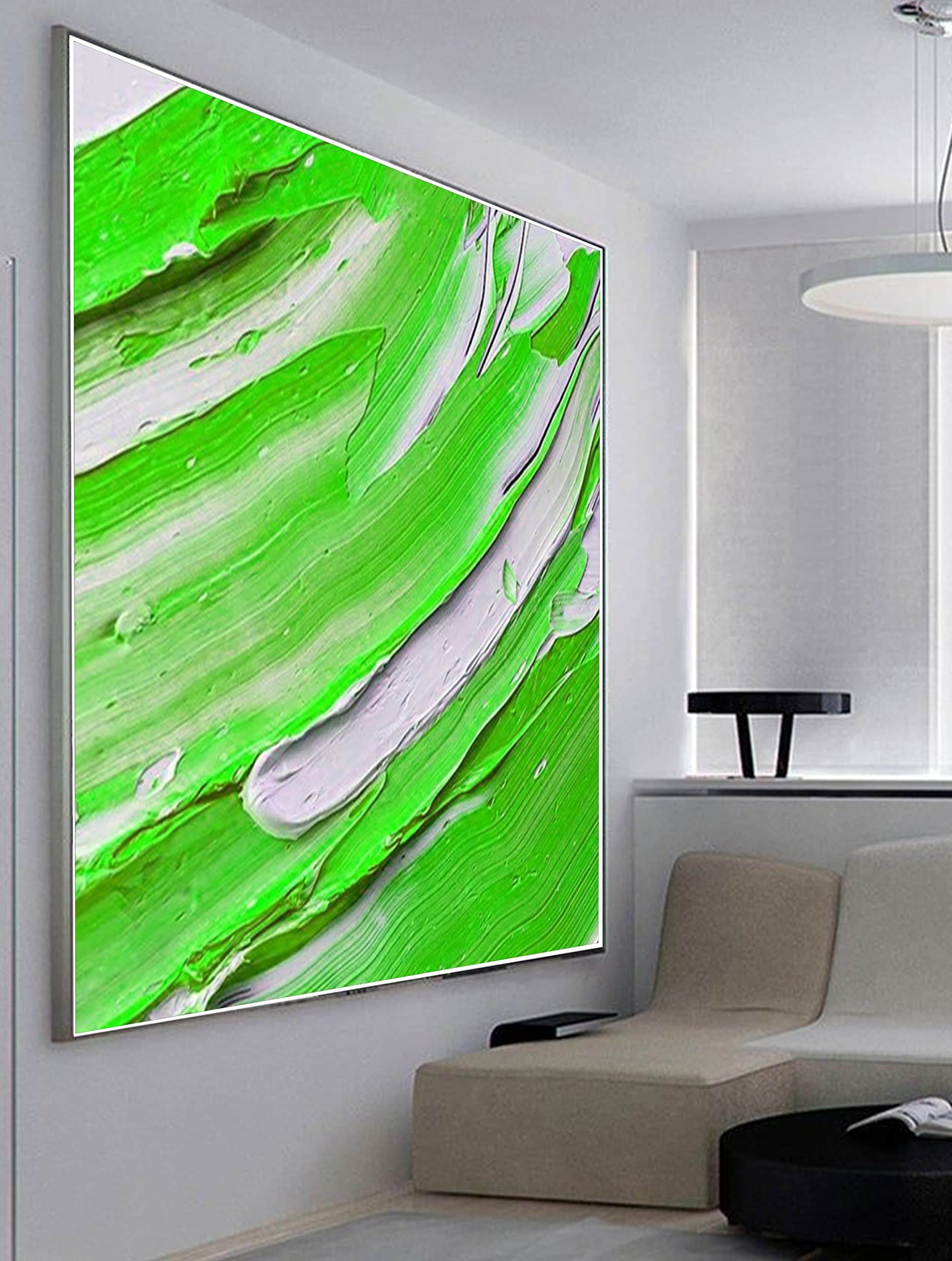 Large Abstract Green Oil Painting on Canvas - 32x32 Inch Wall Art for Home, Bedroom & Office Decor | Handmade Original Artwork for Modern Living Spaces