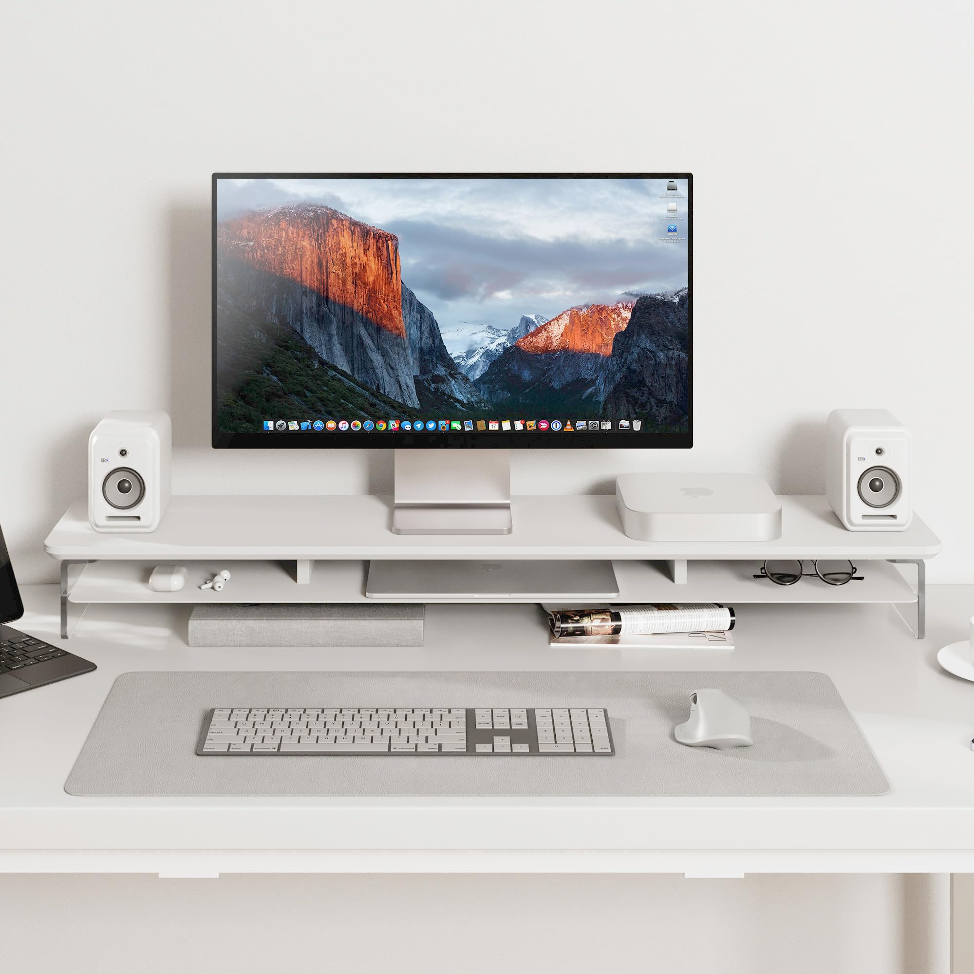 FENGE 42.5 Inch 2-Tier Acrylic Dual Monitor Stand Riser with Storage Organizer - White | Ergonomic Computer Desk Organizer for Home Office, Gaming Setup & Workspace | Fits Laptop, PC, TV & Multiple Screens