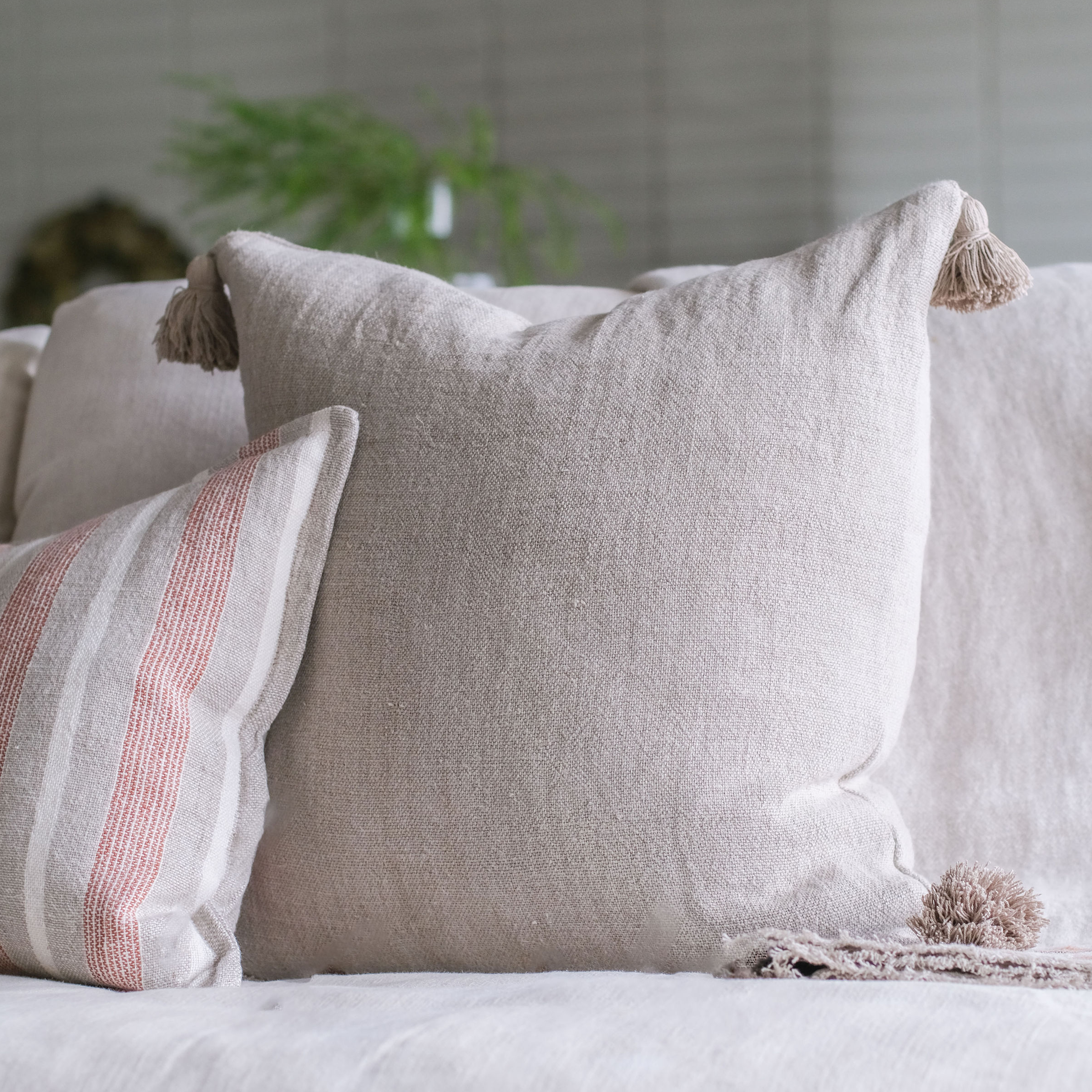 Montauk Decorative Throw Pillow with Tassels - Soft Bohemian Style Cushion for Sofa, Bed & Home Decor
