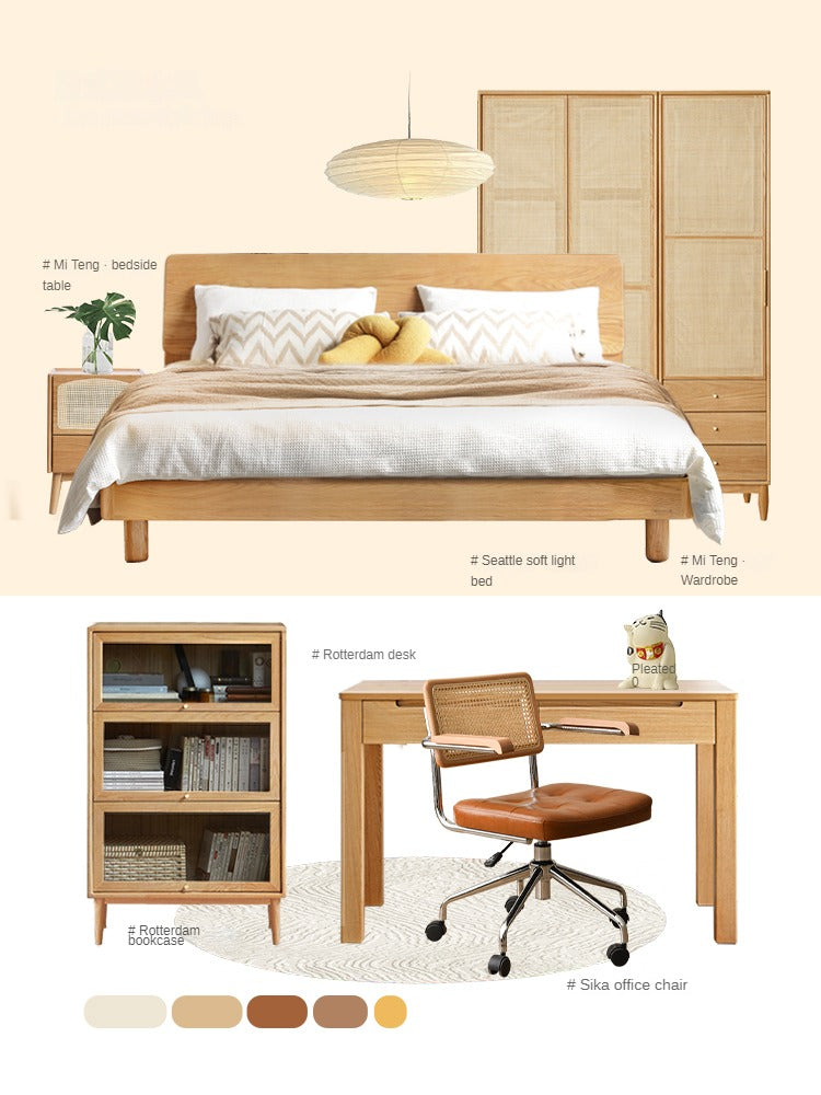 Solid Oak Wood Platform Bed with Bookshelf Headboard - Modern Bedroom Furniture for Small Spaces & Cozy Reading Nook