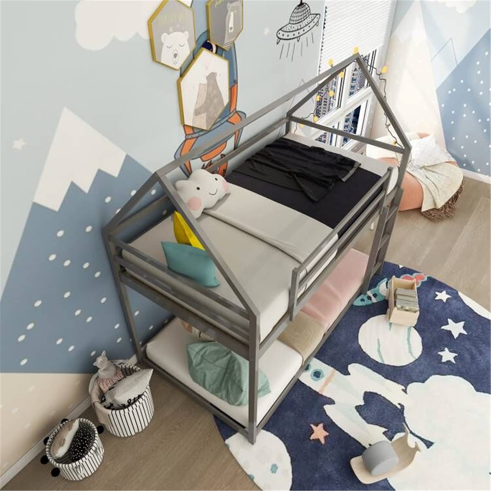Twin Over Twin Low Bunk Bed with Ladder & Guardrail - Sturdy Wooden House Bunk Bed Frame for Kids, Teens, Boys & Girls - Space-Saving Gray Bunk Beds for Small Bedrooms, Shared Kids Rooms & Vacation Homes