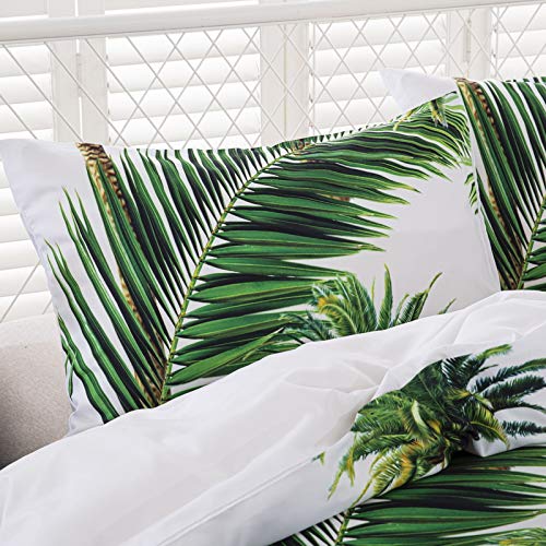 Exotic Tropical Rainforest Green Botanical Duvet Cover Set with Palm Tree Leaves Design - Twin Size White Bedding Quilt & Pillowcases for Jungle-Themed Bedroom Decor | Perfect for Nature Lovers, Boho Chic & Tropical Home Styling