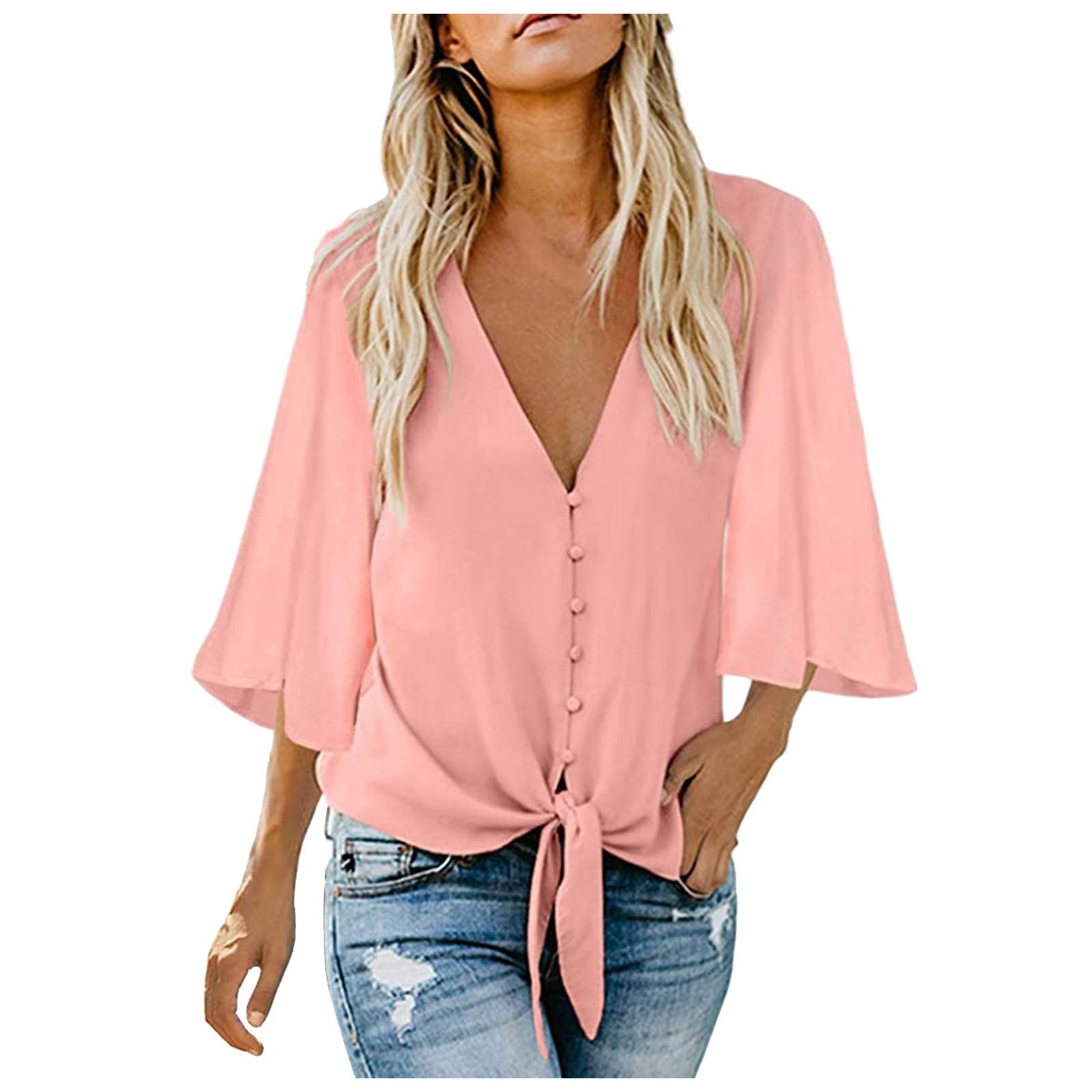 Women's 3/4 Sleeve V-Neck Chiffon Blouse - Elegant Casual & Work Tops for Summer - Perfect for Office Wear, Date Nights & Weekend Outings