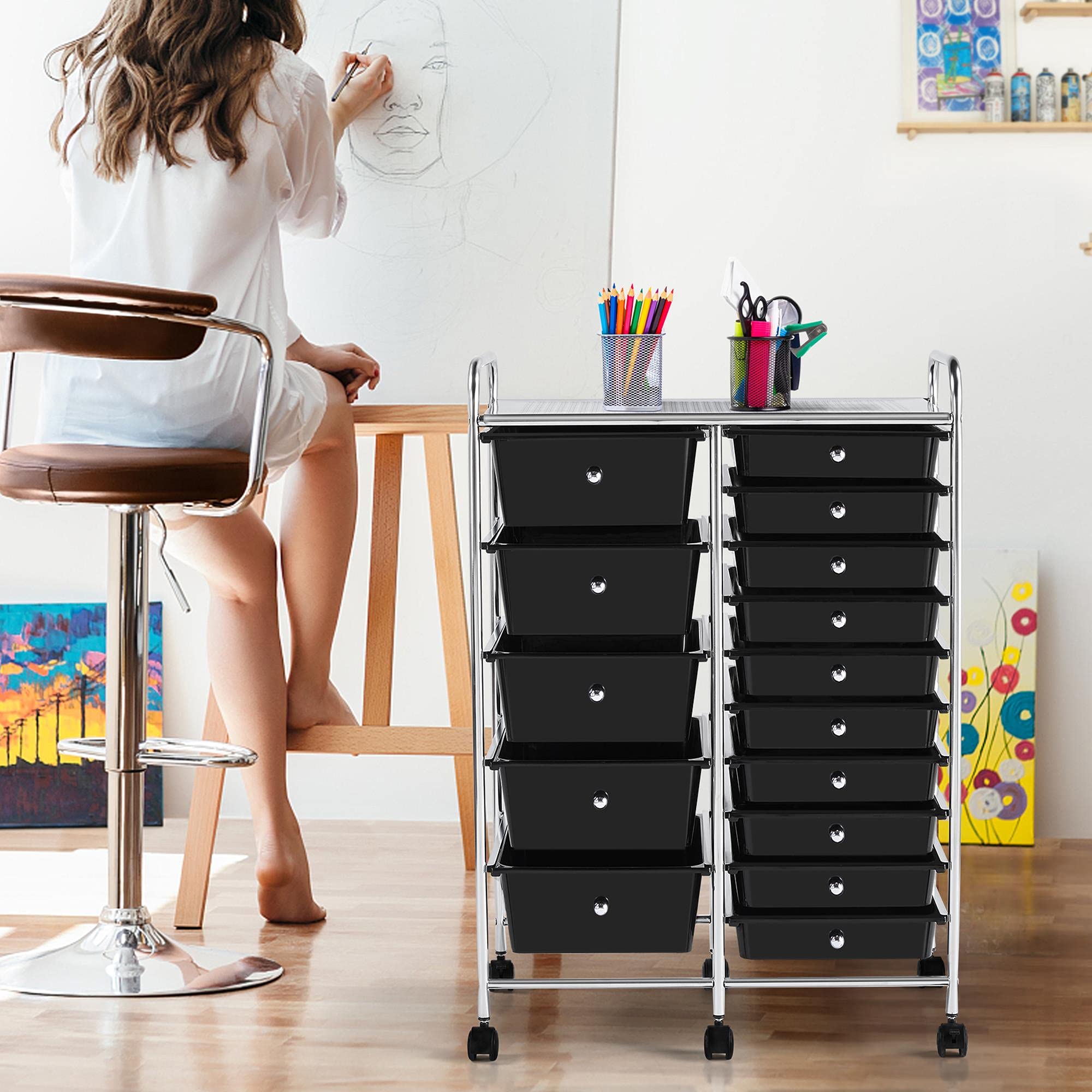 Yaheetech 15-Drawer Rolling Cart - Mobile Storage Organizer for Craft & Office Supplies