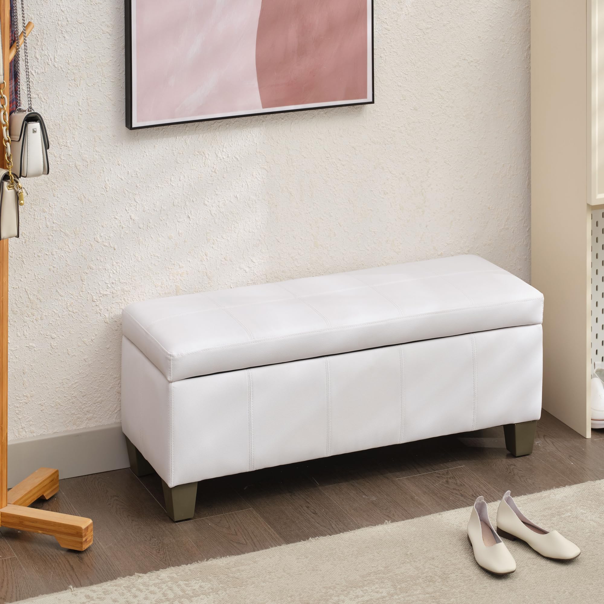 White Faux Leather Storage Ottoman Bench - Extra Long Rectangular Footrest with Hidden Storage | Perfect for Bedroom, Living Room & Entryway Seating and Organization