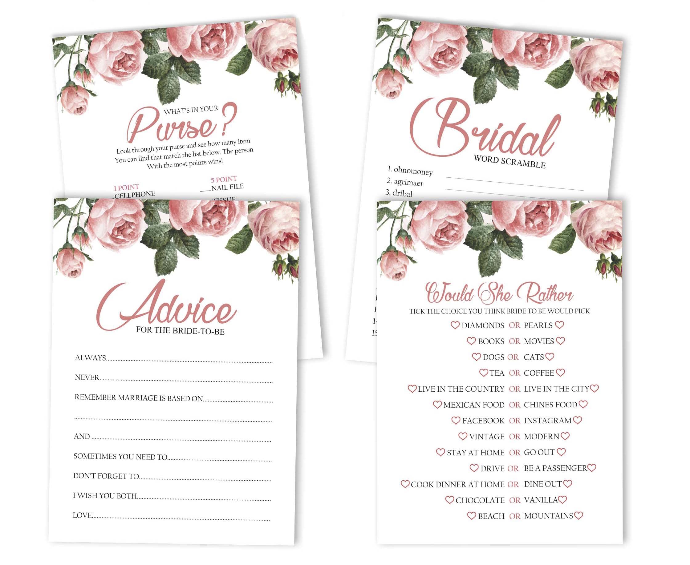 Bachelorette Party Games Set - Floral Bridal Shower Games Bundle (4 Games, 50 Sheets Each) | Fun Wedding Party Activities for Bridesmaids & Guests