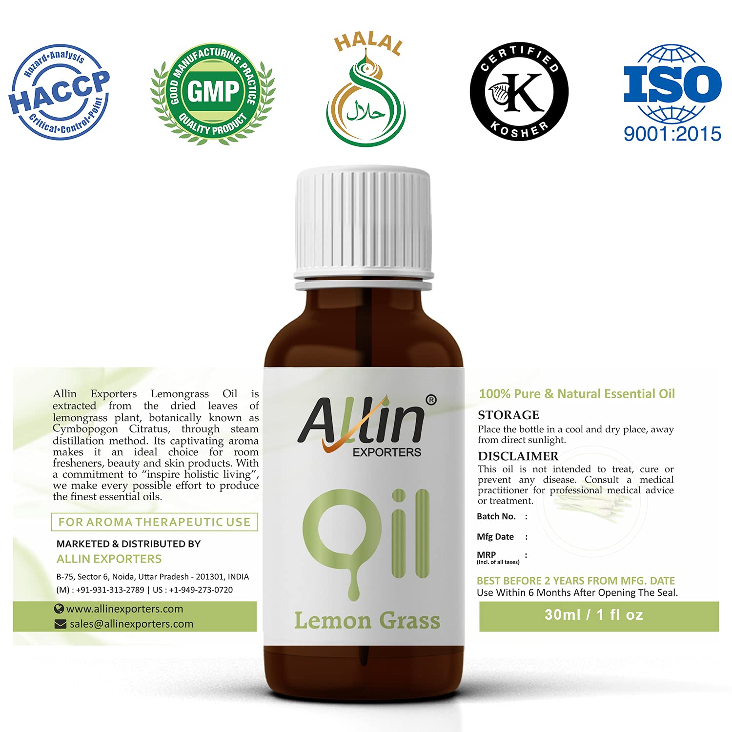 100% Pure Natural Lemongrass Essential Oil - Therapeutic Grade for Skin, Face & Hair Care - Aromatherapy Diffuser Oil - Perfect for DIY Bath Soap, Candles & Massage (30ml) - Relaxing Spa & Home Fragrance Solution