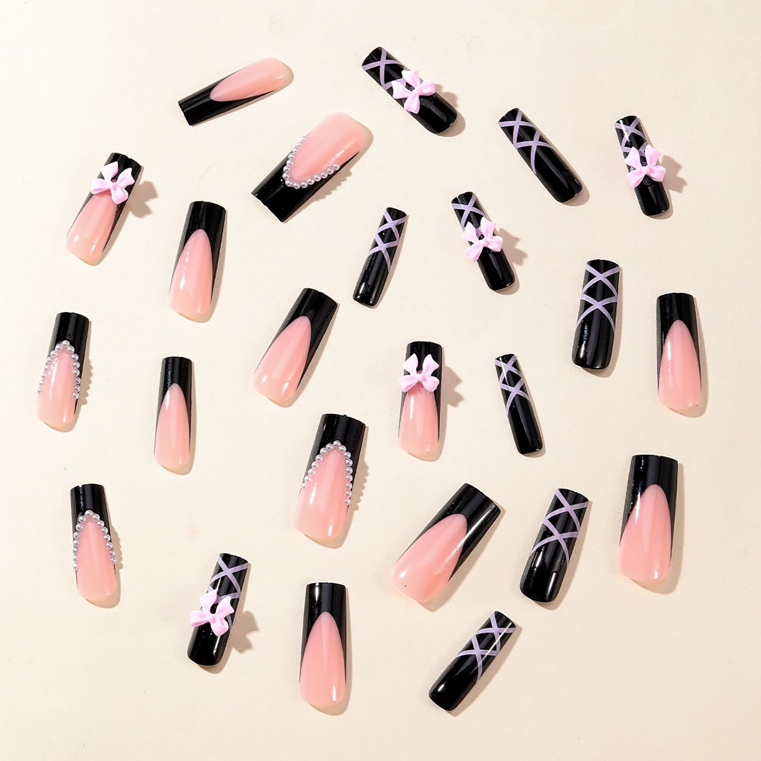 Black Glossy Coffin Press On Nails - Long Acrylic False Nails with Pink Bow Designs & Charm | Full Cover Artificial Nails with Glue | Perfect for Parties, Weddings & Special Occasions
