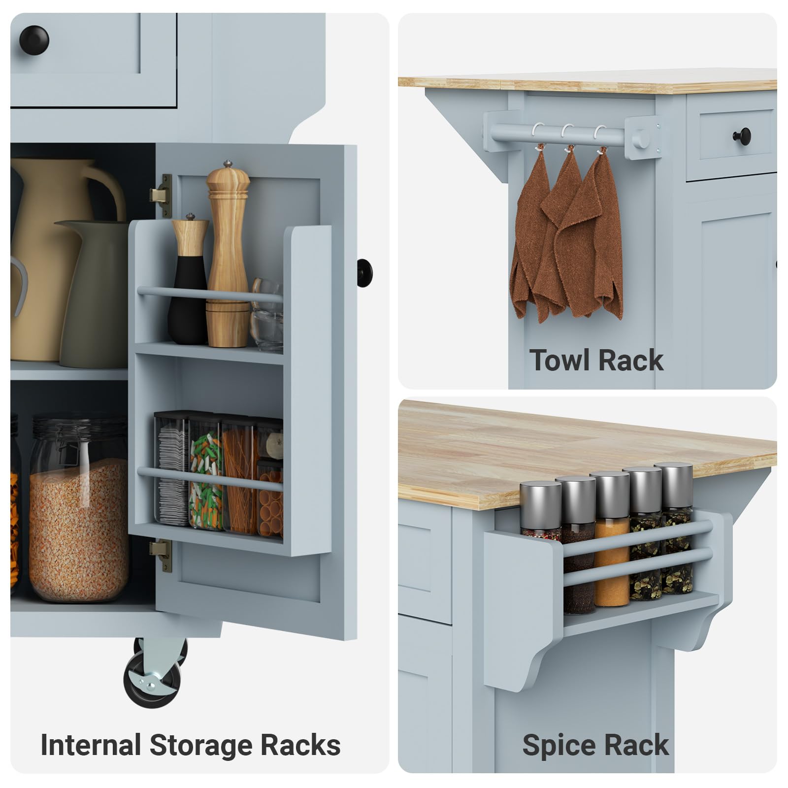 Rovibek 53-inch Blue Kitchen Island Cart with Storage Cabinet & Drawers - Solid Wood Mobile Rolling Island on Wheels - Perfect for Small Kitchens, Dining Areas & Home Organization