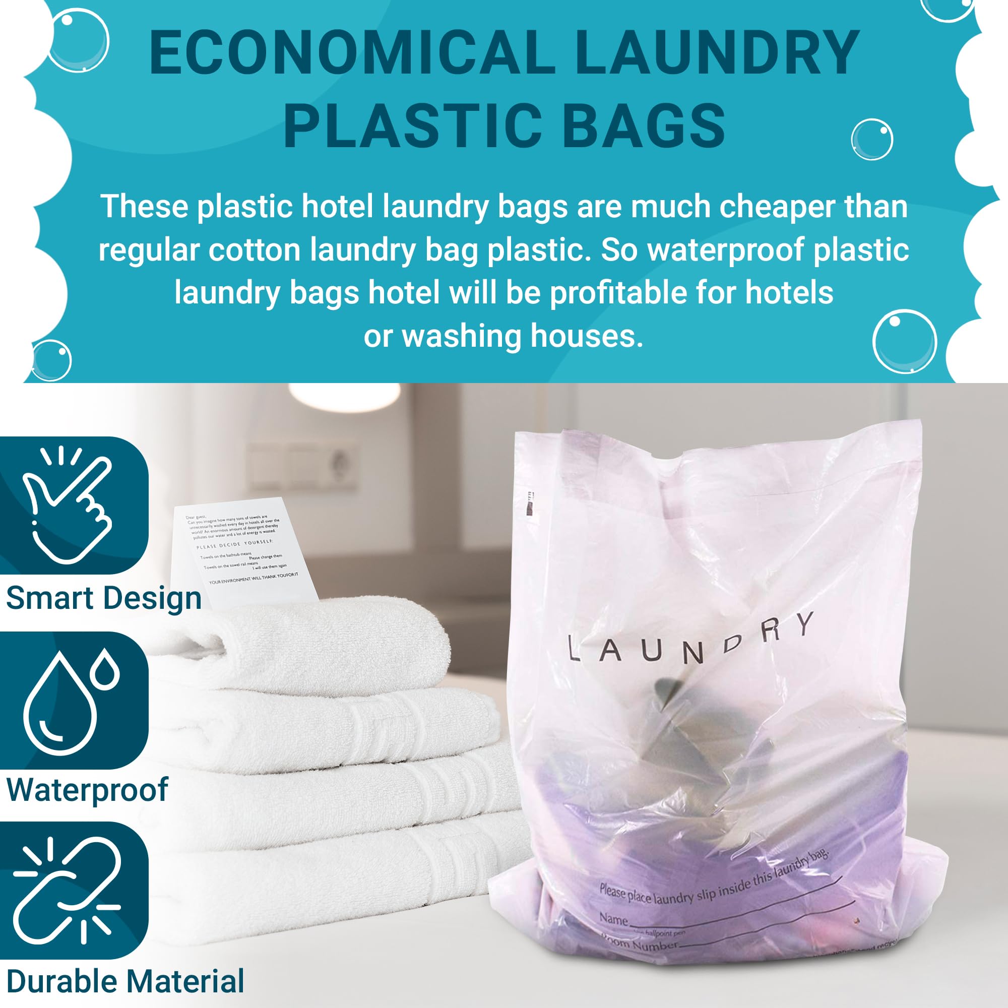 1000 Pack Disposable Travel Laundry Bags - 18x19x4 Inch White Hotel Plastic Bags for Dirty Clothes, 0.9 Mil Semi-Translucent Drawstring Bags with Write-On Block - Perfect for Hotels, Hospitals, Gyms & Travel Organization