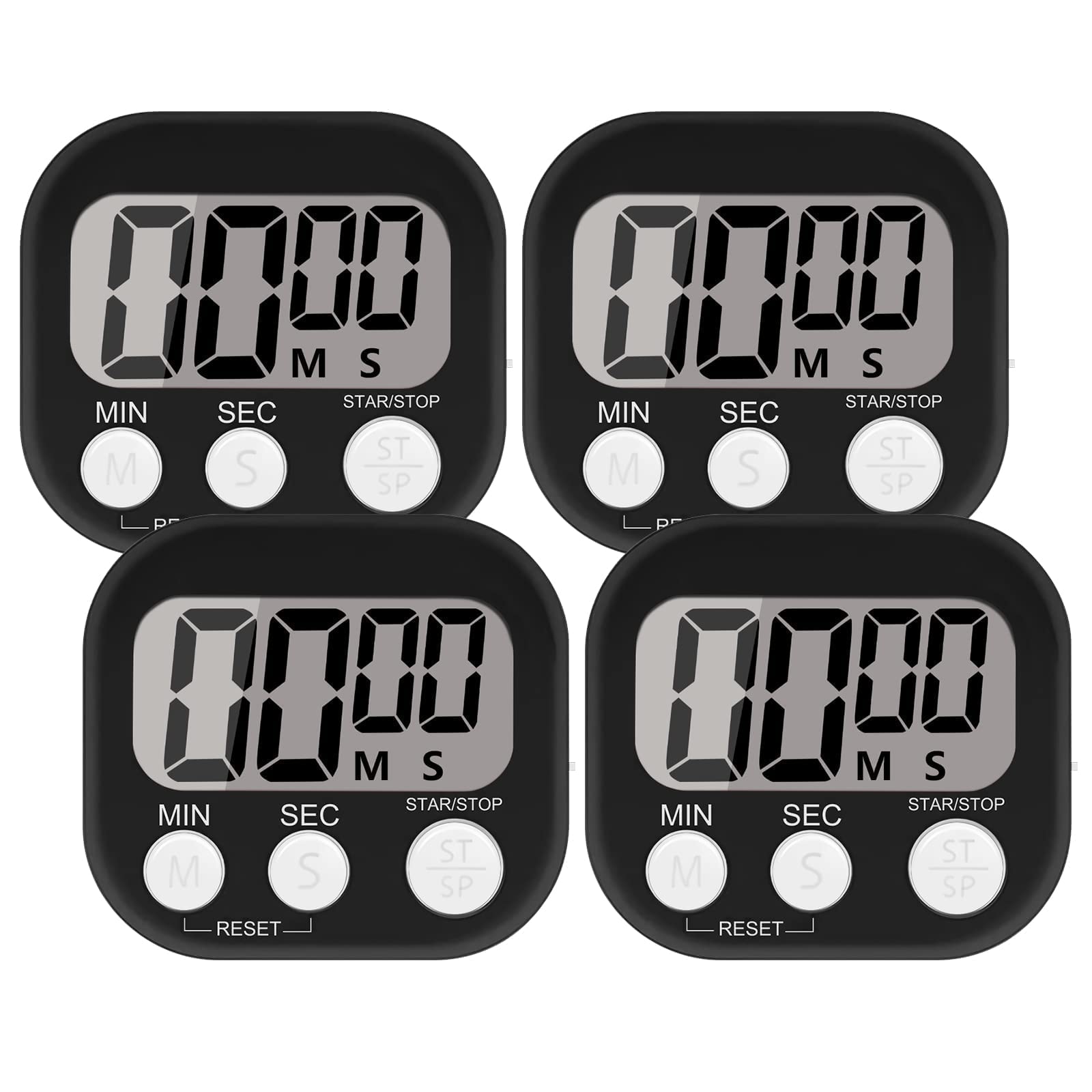4-Piece Magnetic Kitchen Timer with Loud Alarm - Digital ON/OFF Switch Timer for Cooking, Kids, Study & Workouts (Black) - Perfect for Baking, Homework & Fitness Tracking