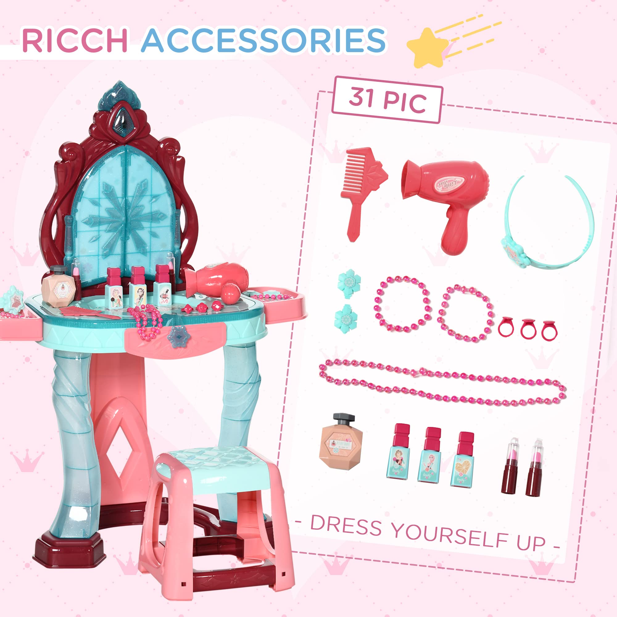 Qaba Kids Vanity Set with Self-Opening Magic Mirror, Princess Makeup Table with Music & Lights - Creative Play Toy for Girls Ages 3-6 | Perfect for Birthday Gifts, Pretend Play & Room Decor