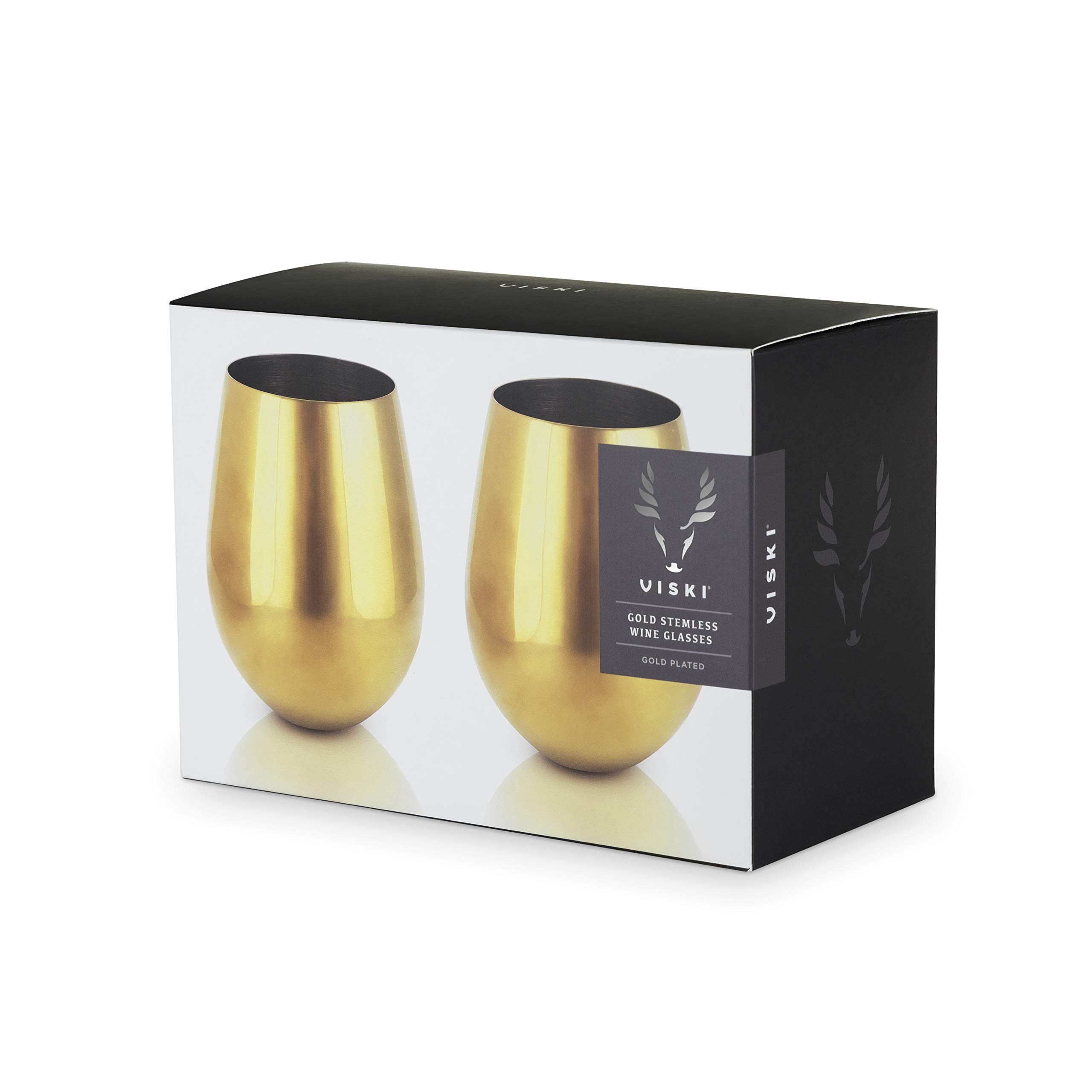 Viski Gold Stemless Wine Glasses Set of 2 - Elegant Belmont Crystal-Free Tumbler for Red Wine, White Wine & Cocktails - Perfect for Dinner Parties, Weddings & Home Entertaining