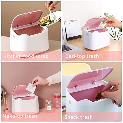 Small Desk Trash Can with Lid - Mini Portable Table Waste Bin for Home, Office, Kitchen, Bathroom & Car - Pink & White Desktop Dustbin for Paper, Snacks & Daily Trash Disposal