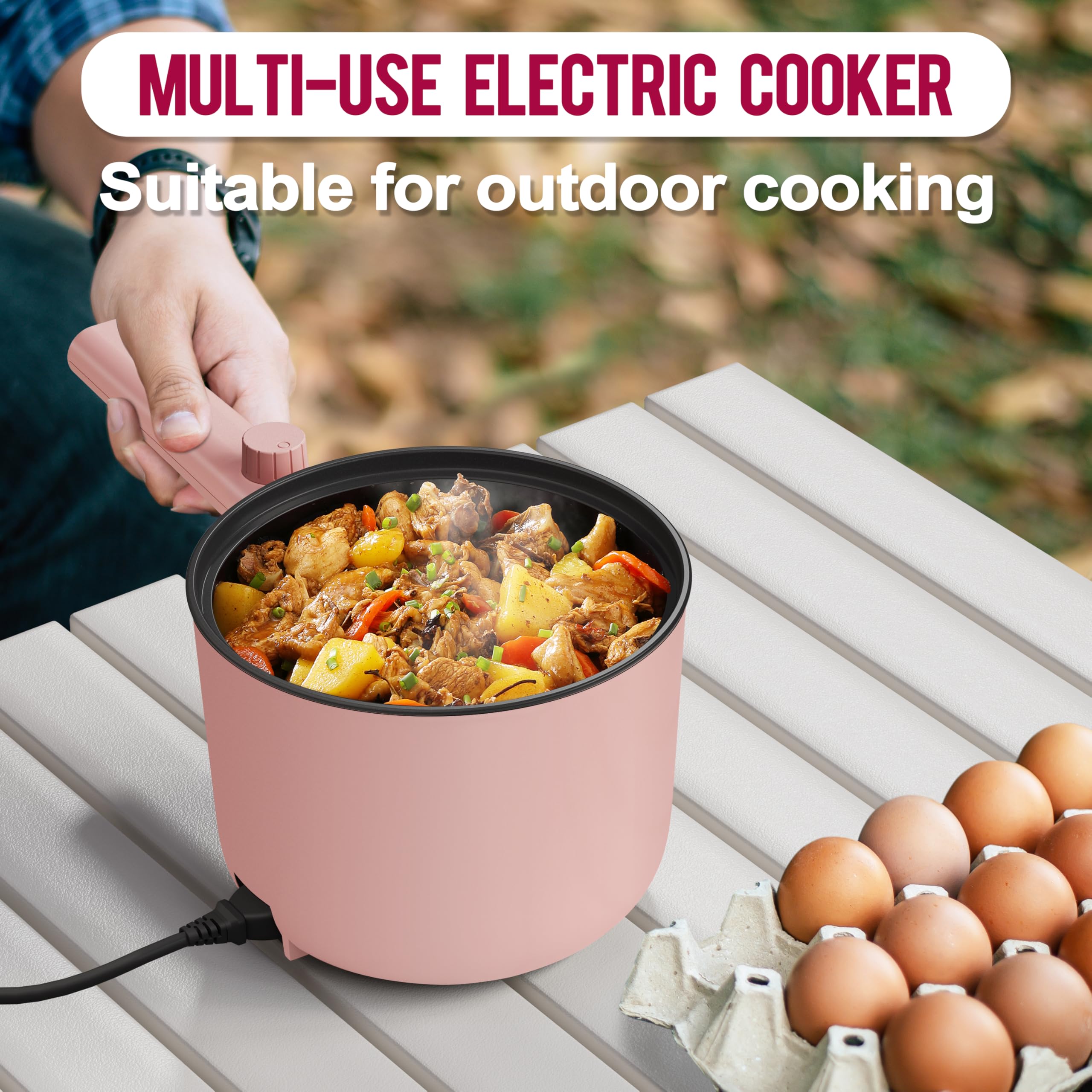 Topwit 1.5L Electric Hot Pot & Ramen Cooker - Portable Non-Stick Frying Pan for Pasta, Steak & More - BPA Free with Dual Power Control & Overheat Protection - Perfect for Dorm, Office & Small Kitchen Cooking (Pink)