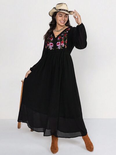 Plus Size Embroidered Tie Neck Long Sleeve Dress for Women - Elegant Floral Maxi Dress for Weddings, Parties & Special Occasions