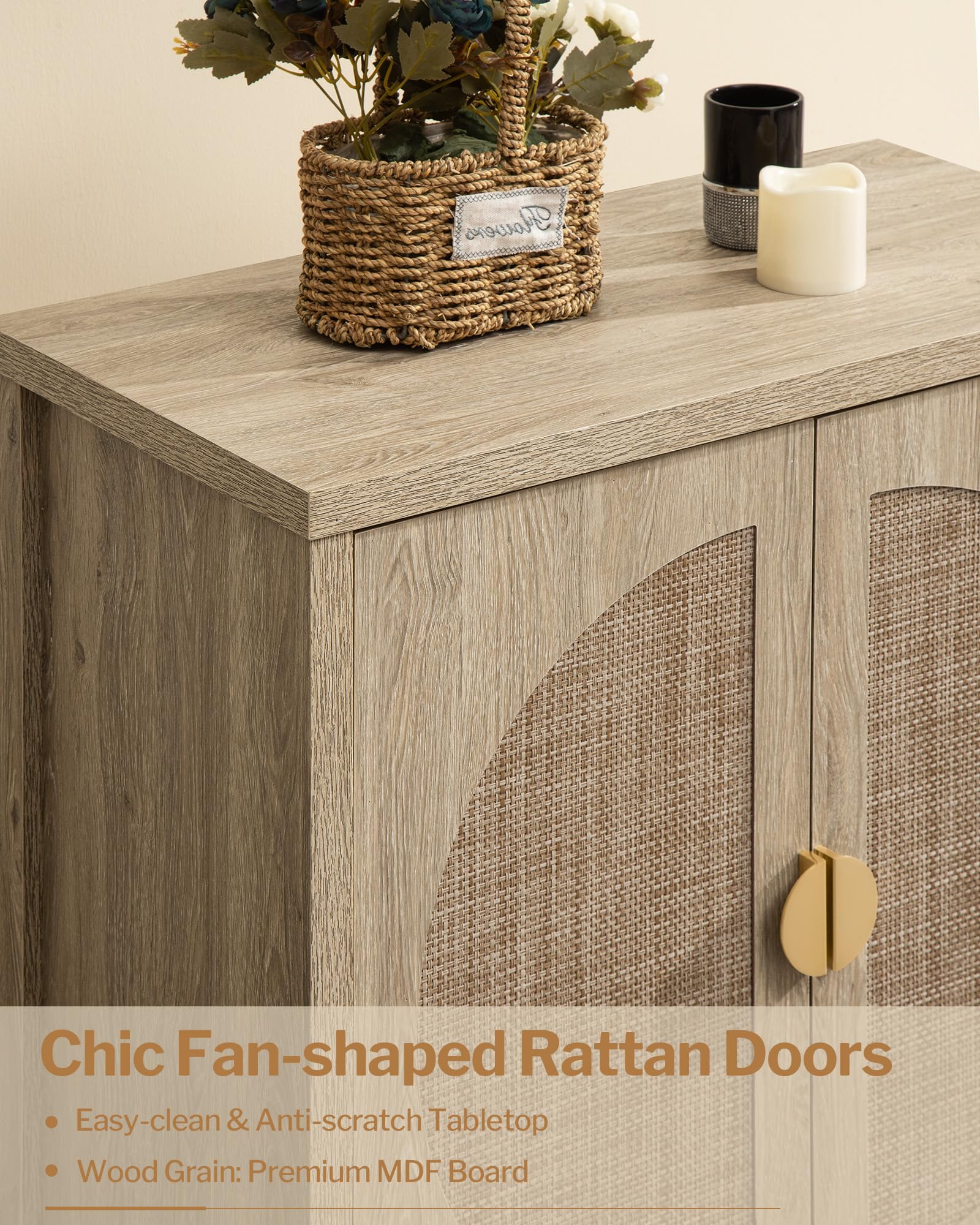 SICOTAS Rattan Buffet Cabinet - Boho Style Accent Sideboard with Adjustable Shelves, Storage Credenza Console Table for Dining Room, Living Room, Entryway & Kitchen - Natural Woven Rattan Furniture for Home Decor & Organization