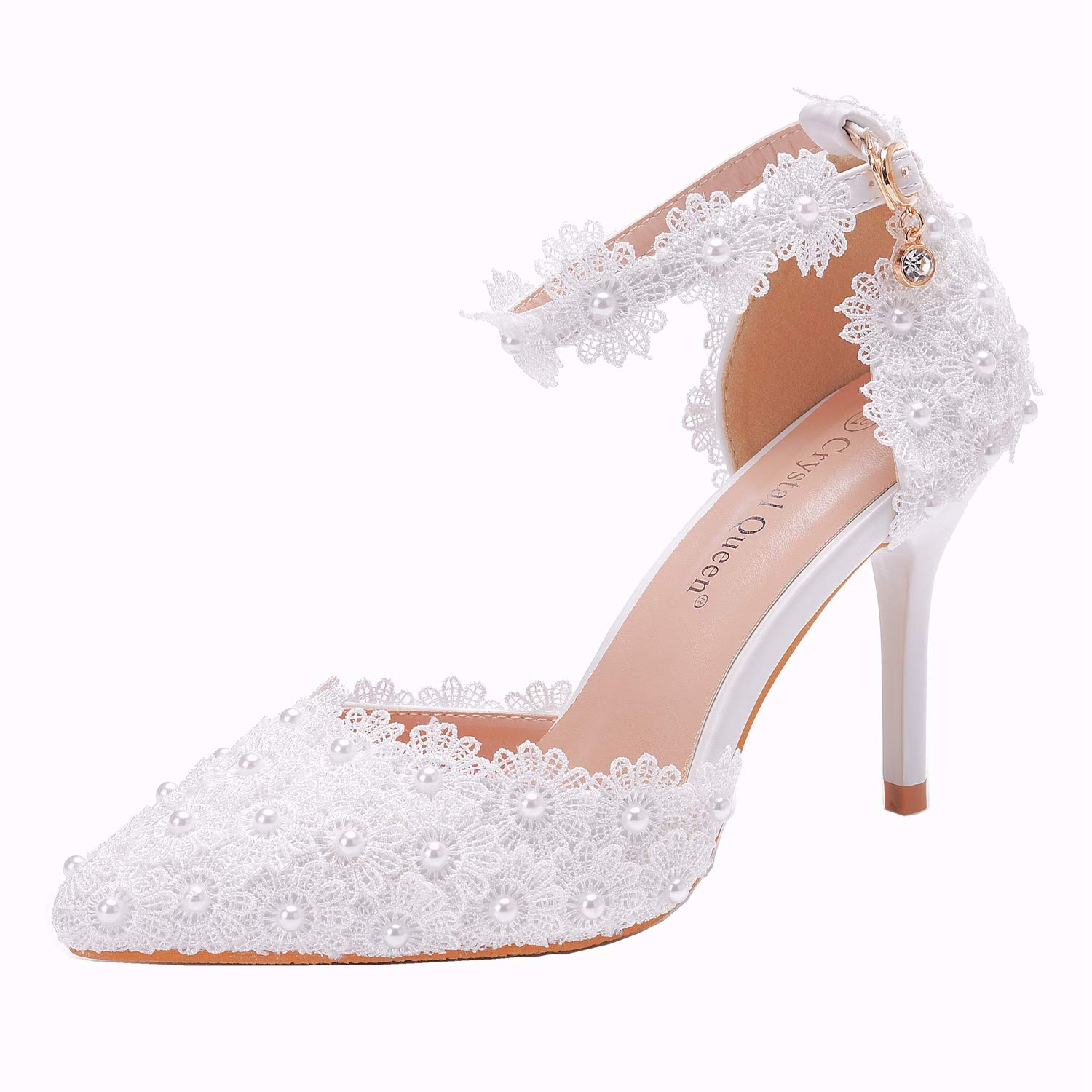 Elegant White Lace Pearl Wedding Heels for Women - Pointed Toe Bridal Sandals for Bride, Bridesmaid & Formal Occasions