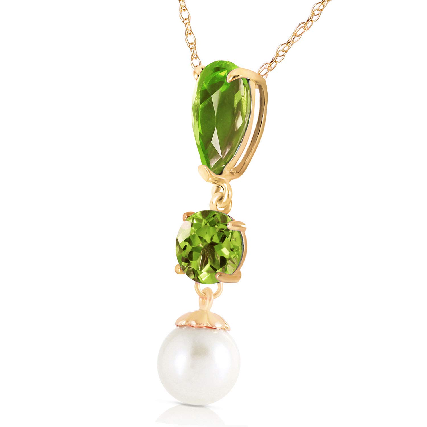 14K Yellow, White & Rose Gold Necklace with Peridot & Freshwater Pearl - Elegant Jewelry for Women, Perfect for Weddings, Parties & Special Occasions