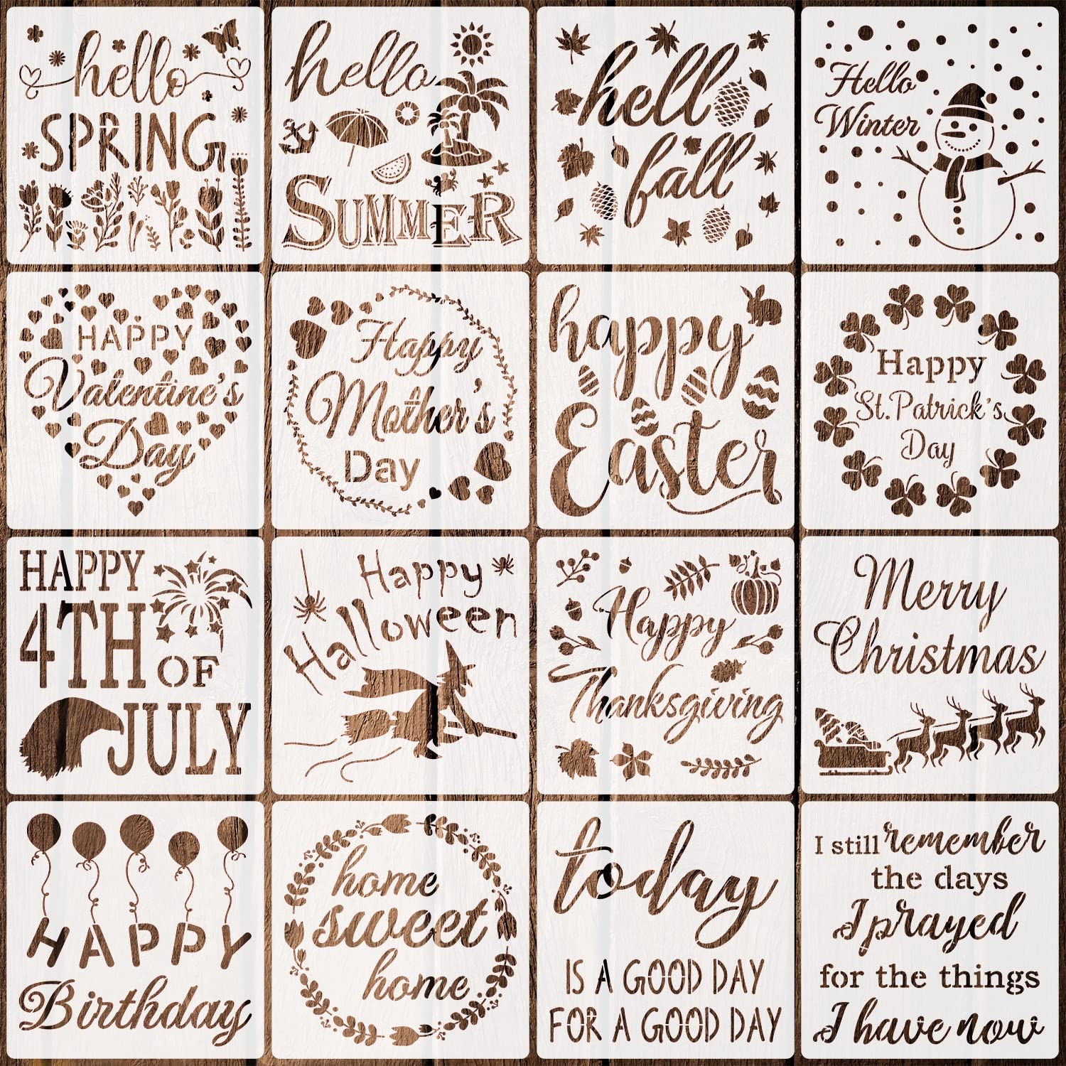 16-Piece Reusable Seasonal Home Sign Stencils Kit - 11 Inch Decorative Painting Templates for Wood, Walls & Doors - Perfect for Christmas, Halloween, Fall & Spring Festival DIY Home Decor