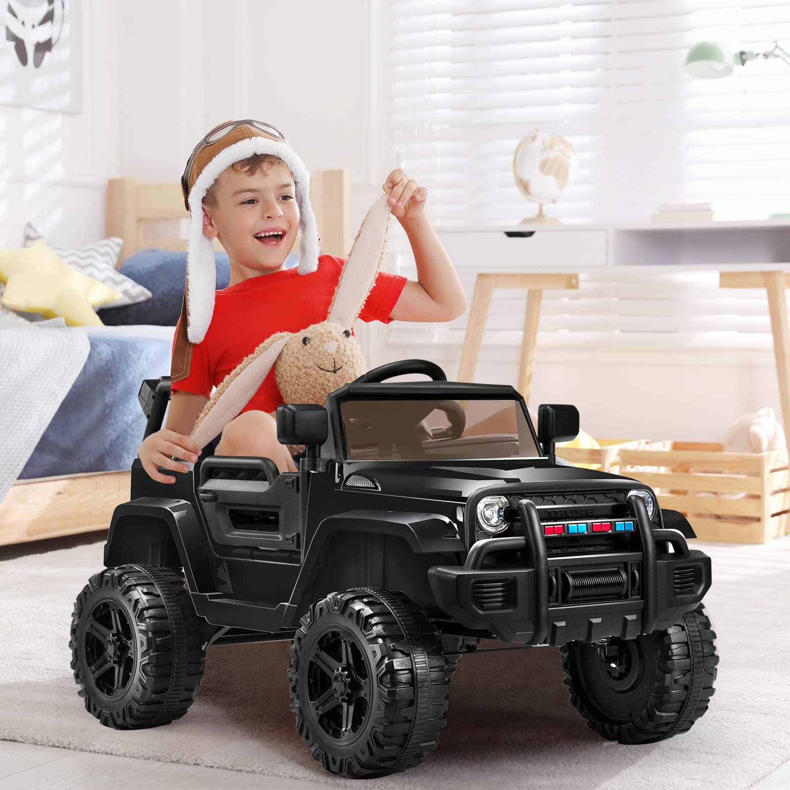 JOYMOR 12V Battery Powered Ride On Truck with Remote Control - 4 Wheels Kids Car with LED Headlights, Horn Button, MP3 Player & USB Port - Forward/Backward Function - Perfect Gift for Boys & Girls (Black) - Ideal for Indoor Play, Outdoor Driveways & Birthday Parties